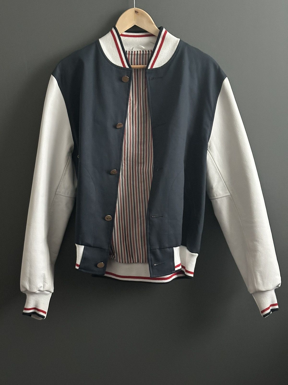image of Thom Browne Leather Varsity Bomber in Blue, Men's (Size Medium)