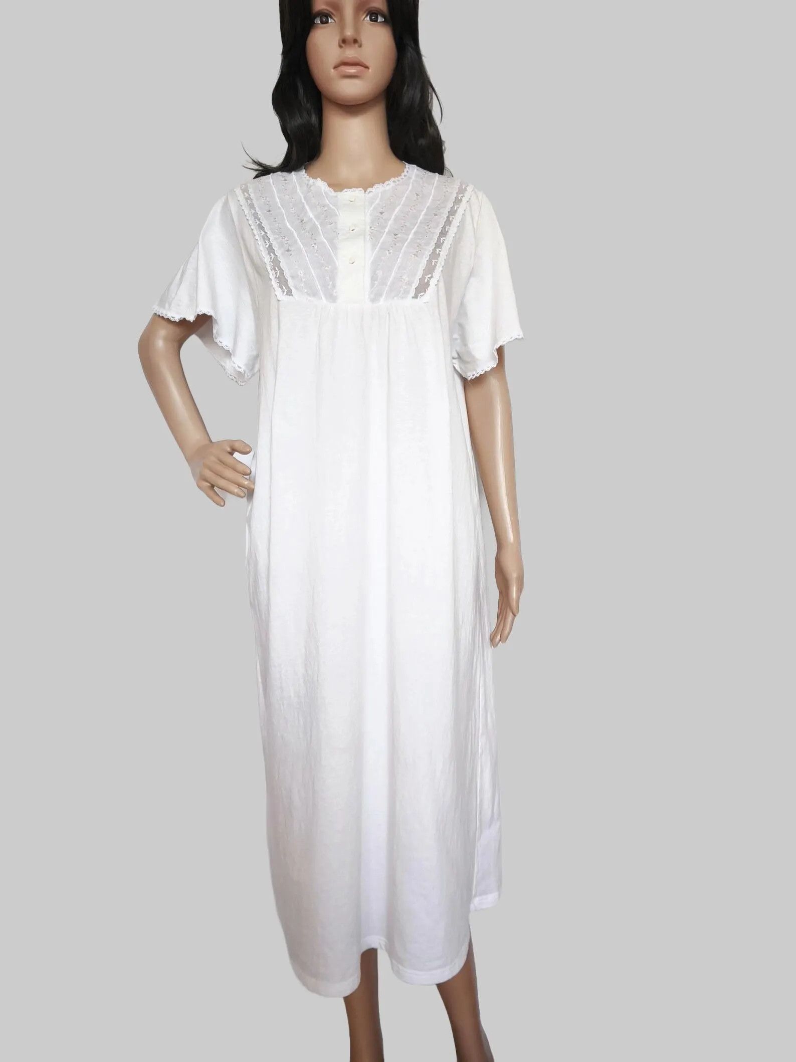 C&A White Cotton Embroidered Short Sleeve Button Up Nightgown Size L / US 10 / IT 46 - 6 Thumbnail