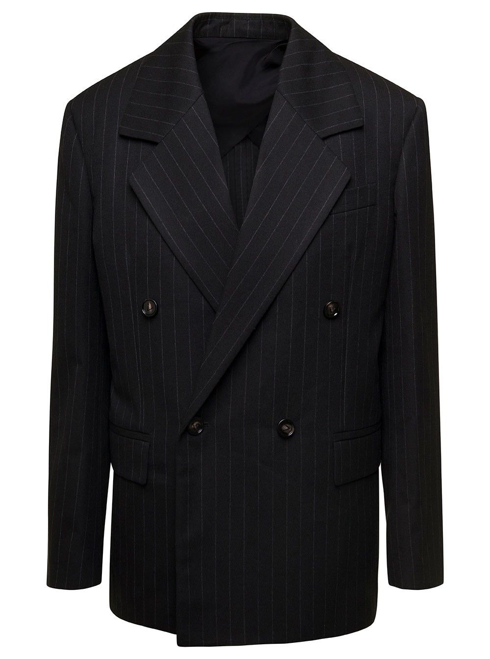 Bottega Veneta o1n1vont0625 Wool Pinstripe Shirt Jacket in Black Size XS / US 0-2 / IT 36-38 - 1 Thumbnail