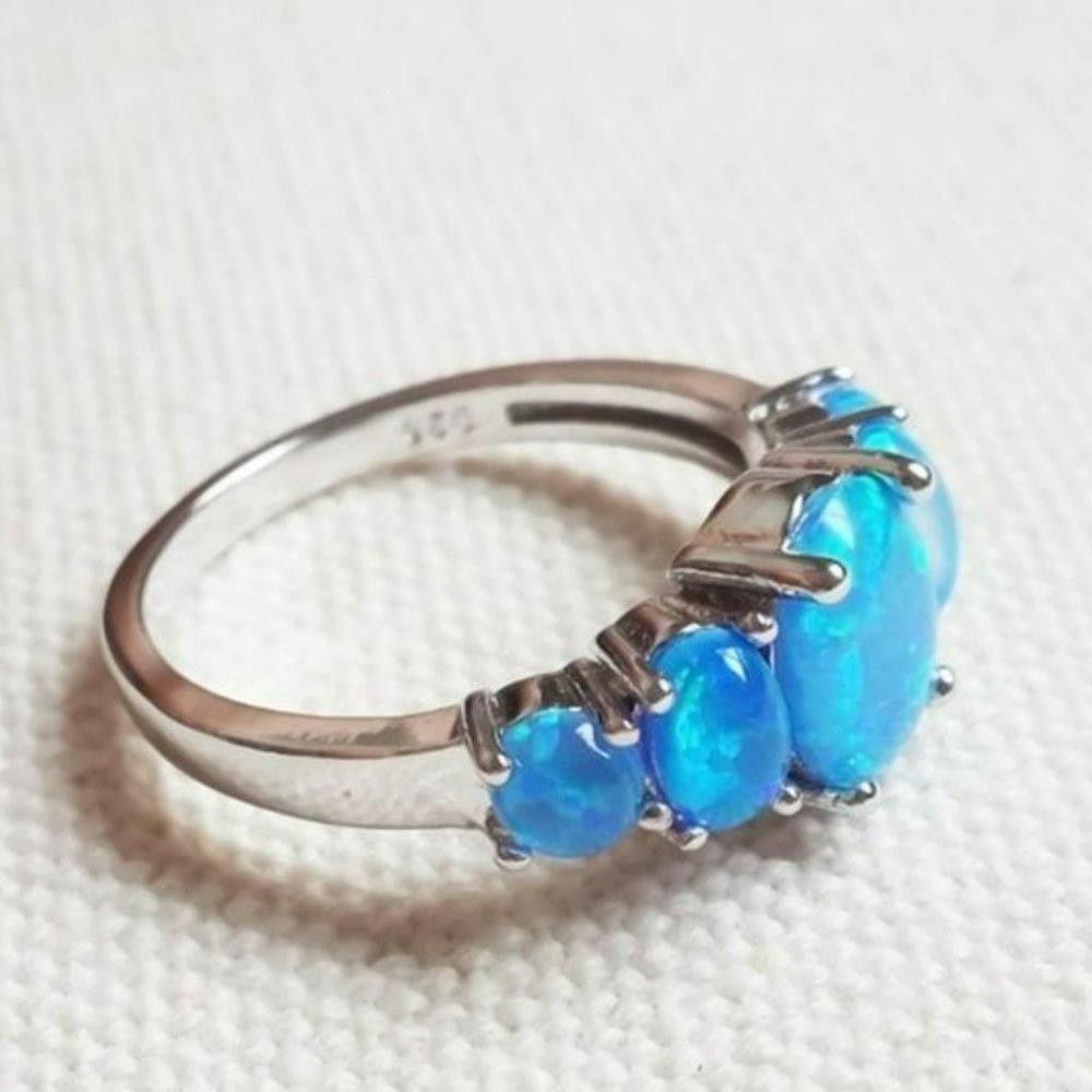 Designer 5 Blue Fire Opal Silver Cluster Multi-Stone Ring - Size 5 Size ONE SIZE - 4 Thumbnail