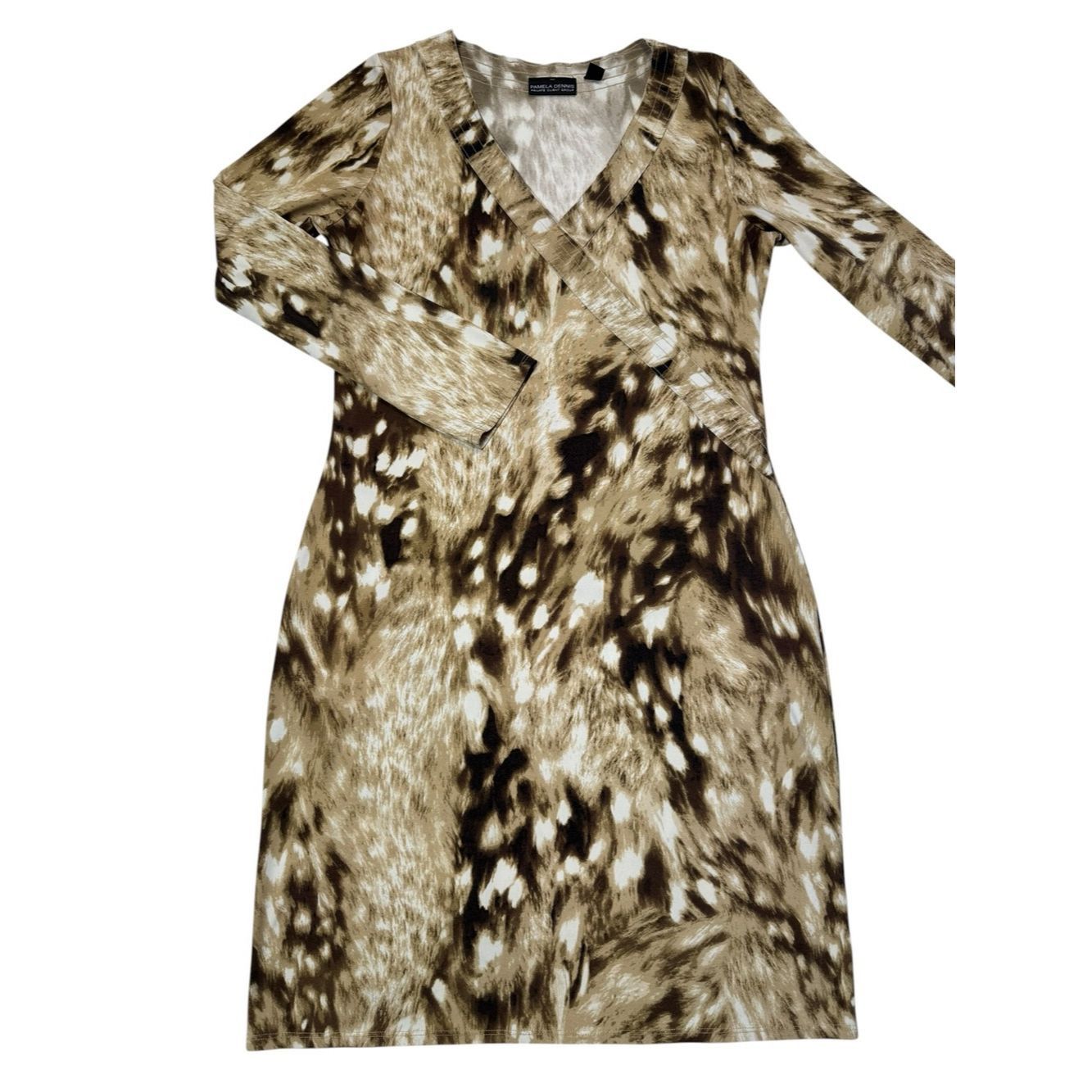 Other Pamela Dennis Brown Cream Printed Long Sleeve Faux-Wrap Dre Size S / US 4 / IT 40 - 2 Thumbnail