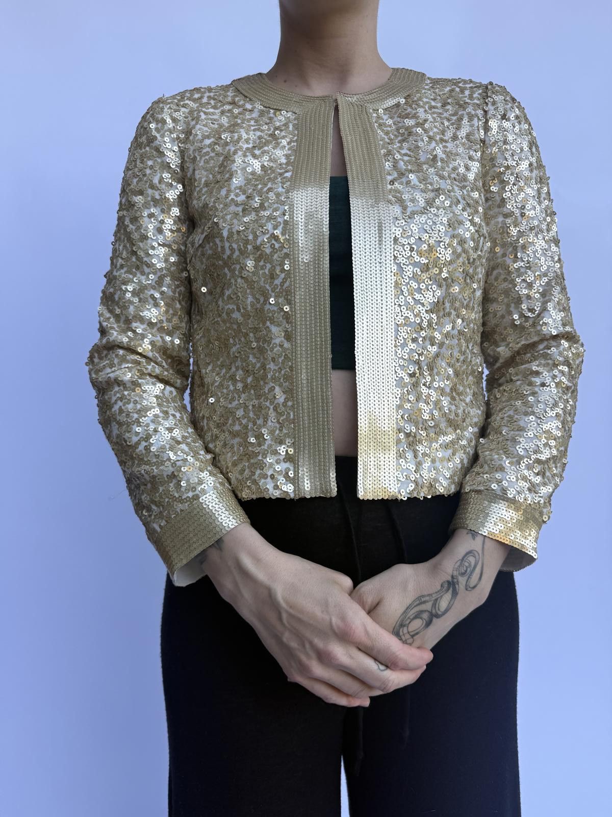 Designer DONCASTER Evening Collection Gold Sequined Cardigan Size XS / US 0-2 / IT 36-38 - 1 Thumbnail