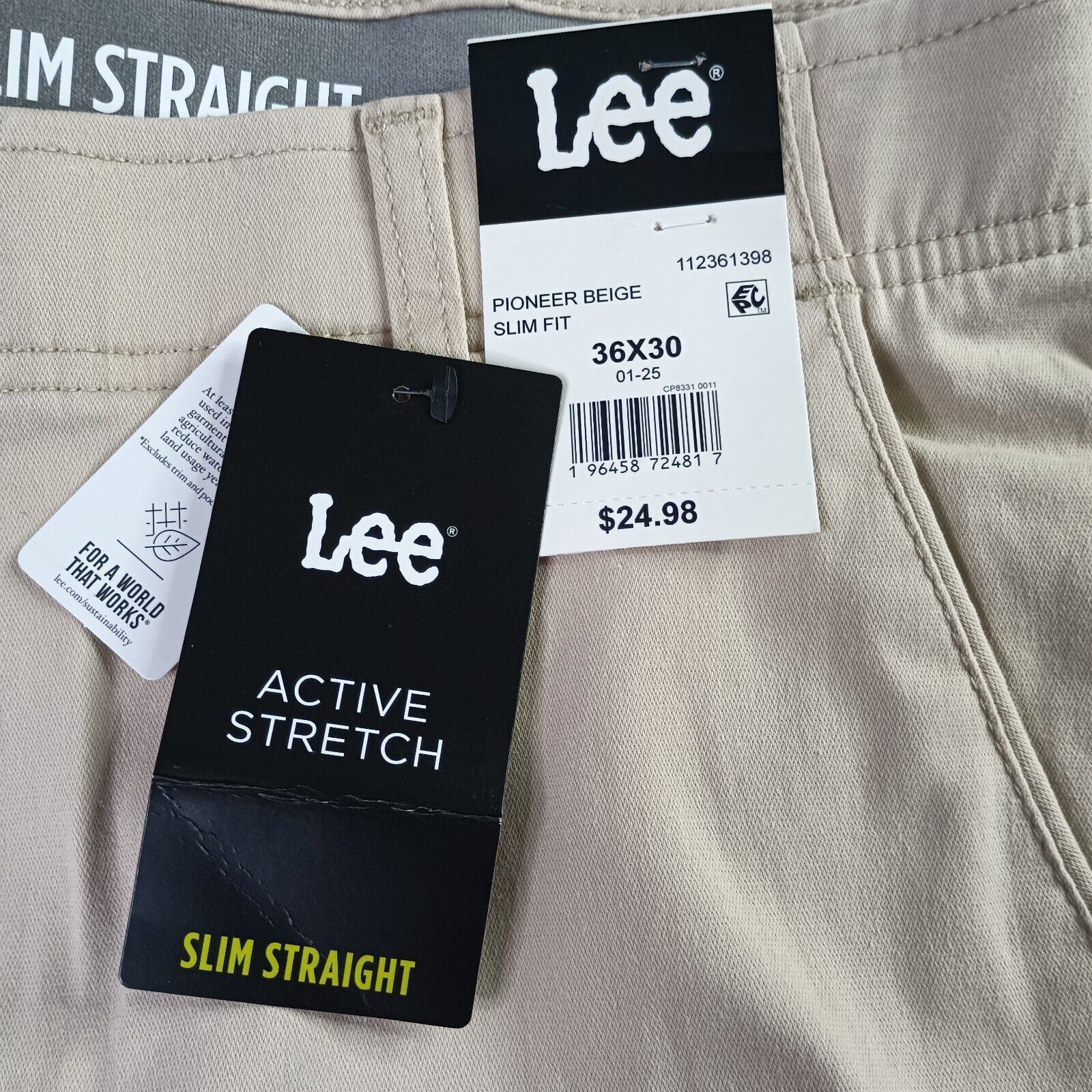 Lee Lee Flat Front Chino Motion Pants Men's 36x30 Beige Slim Fit Size US 36 / EU 52 - 2 Thumbnail