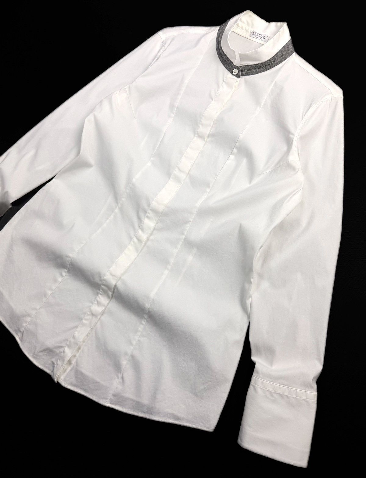 Brunello Cucinelli Brunello Cucinelli Womens White Cotton Blend Shirt Silk Trim Size XL / US 12-14 / IT 48-50 - 7 Thumbnail