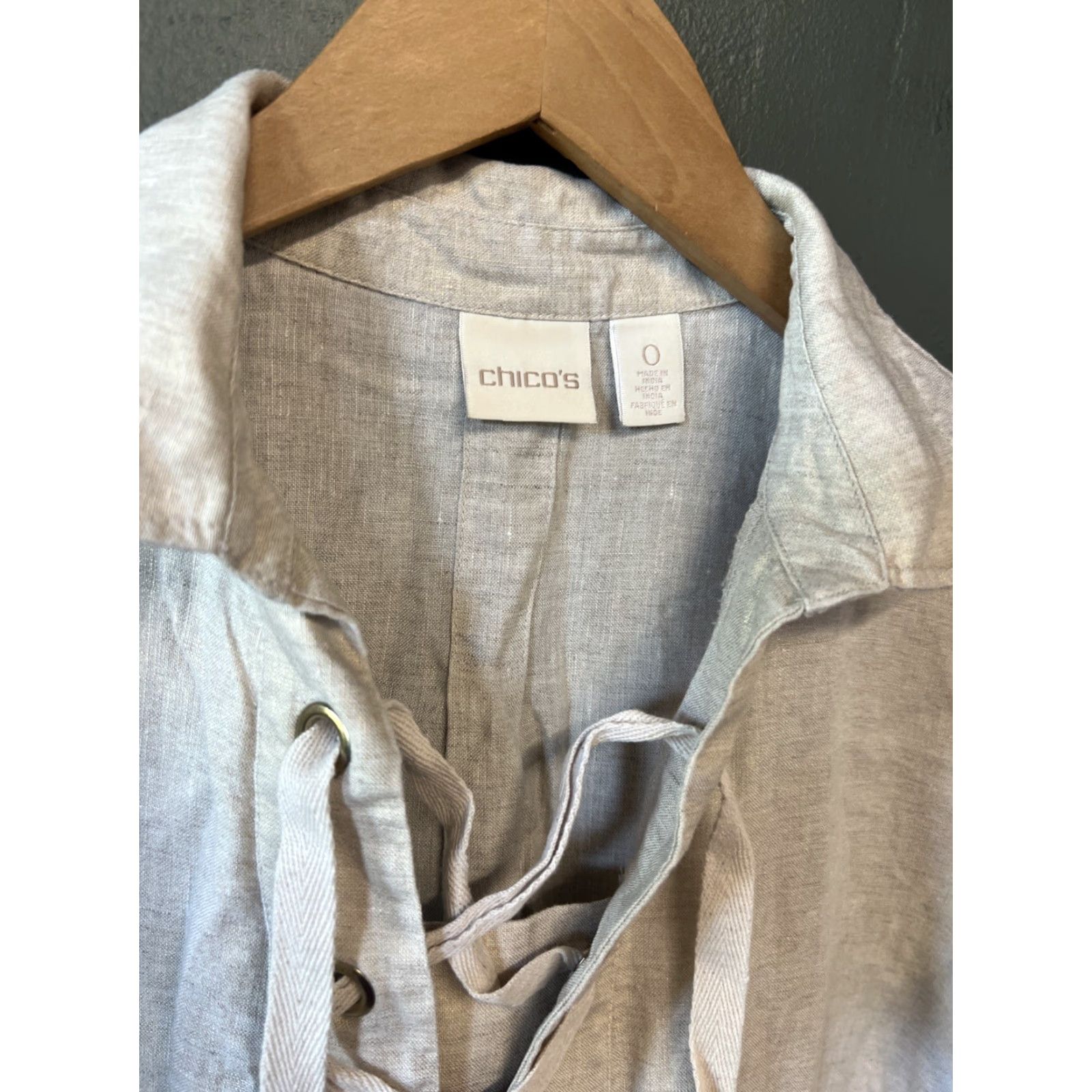 Vintage Chico's Shirt Dress Beige Linen Lace-Up Short Sleeve Casual Pocket Knee Length 0 Womens Size XS / US 0-2 / IT 36-38 - 2 Thumbnail