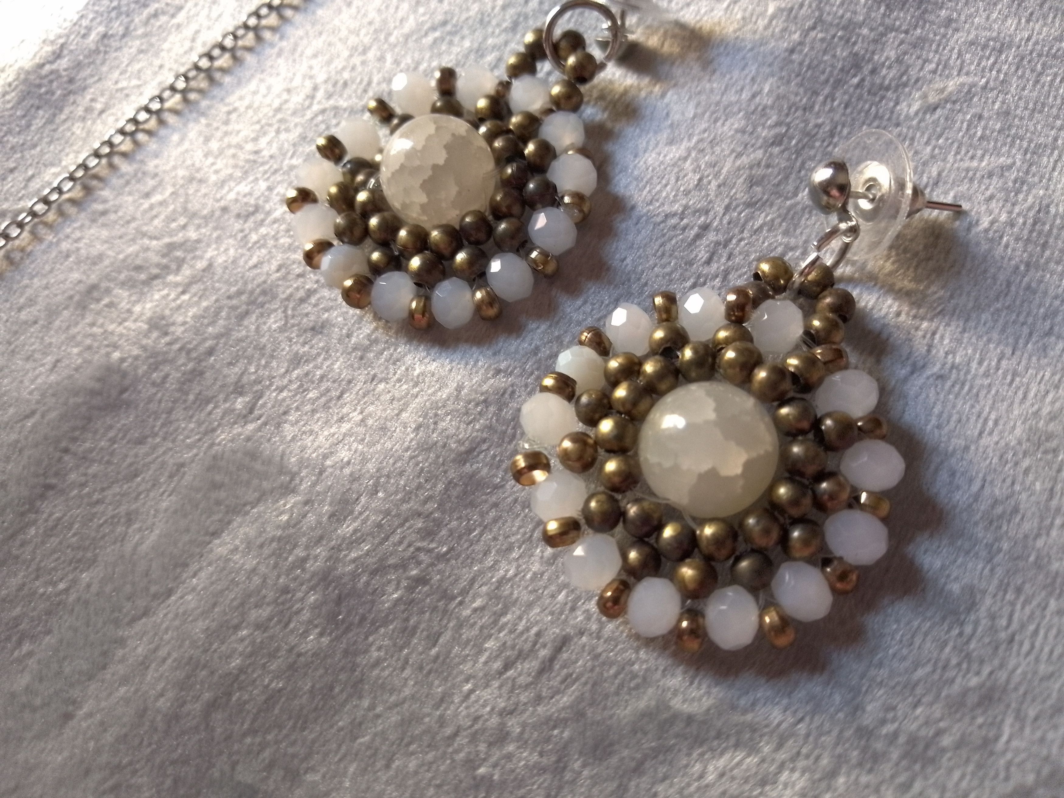 Handmade Necklace. Long. Earrings. White Gemstone. Crystal, brass Size ONE SIZE - 3 Thumbnail