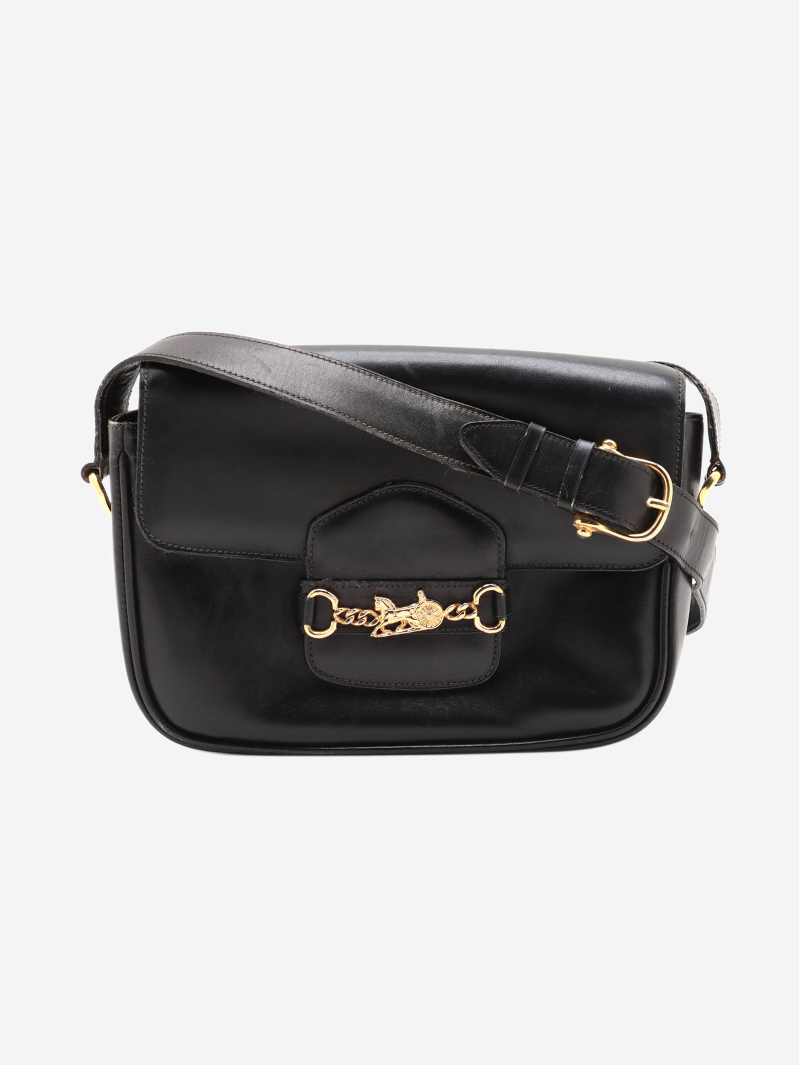 image of Celine Black Flap Horse Buckle Bag, Women's