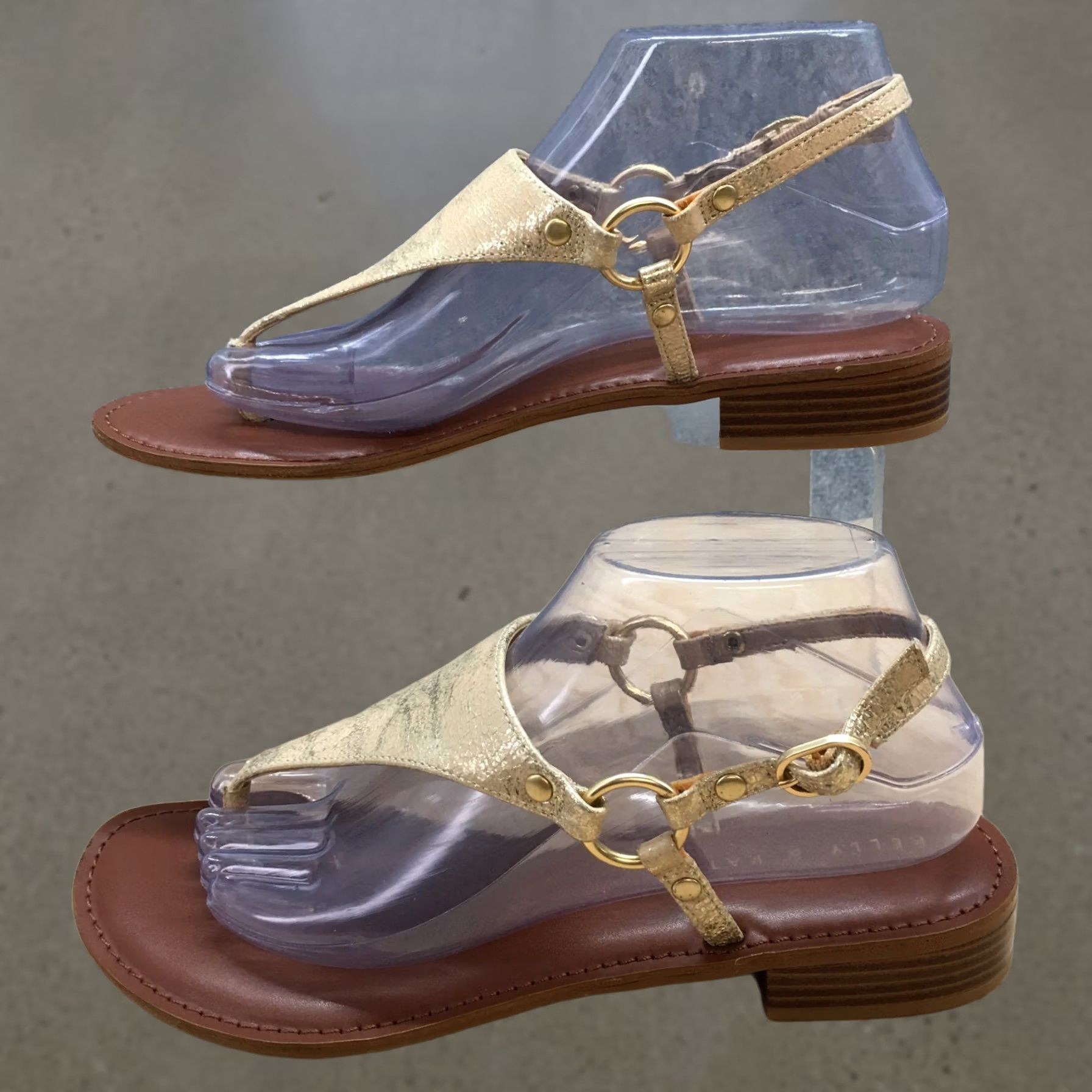 Vintage Kelly And Katie Sandals Womens 9 Bania Casual Slingback Gold Faux Leather Flat Slip-On Adjustable Buckle Shoes Size US 9 / IT 39 - 1 Thumbnail