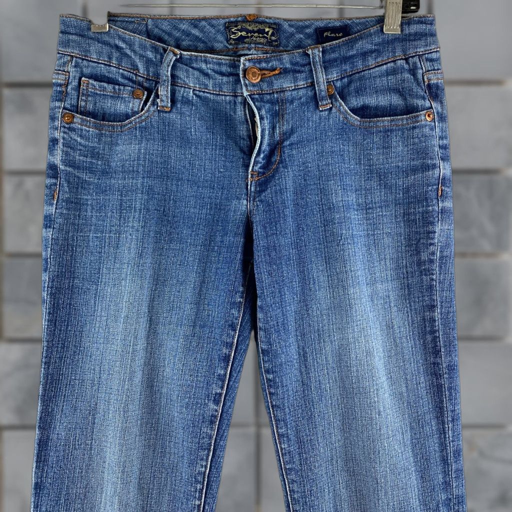 Vintage Seven7 Jeans Womens Flared Jeans 27 Blue Low-Rise Distressed Embroidered Denim Pants Size 27" / US 4 / IT 40 - 1 Thumbnail