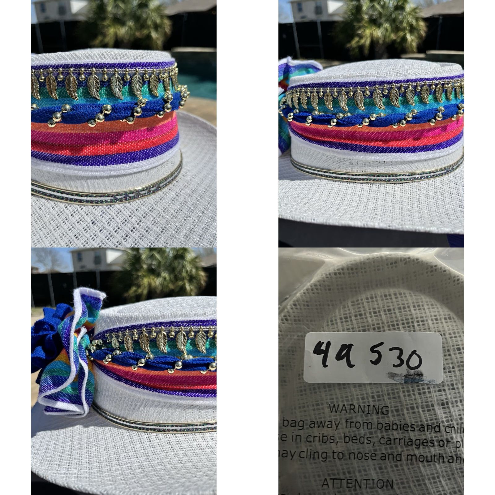 Vintage VINTAGE ARLOP Straw Hat Rainbow/gold Beaded Size 7 1/2 Mexico White Women Hat Size ONE SIZE - 10 Thumbnail