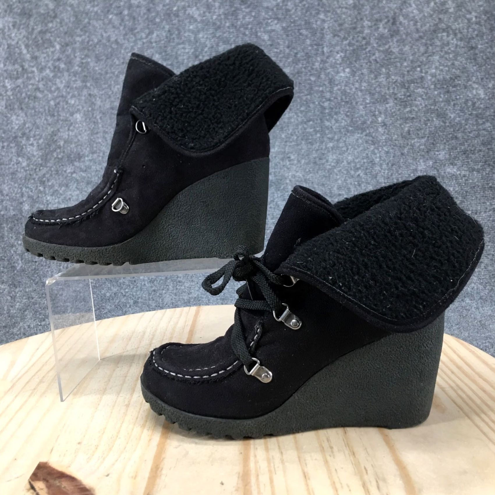 Vintage Unionbay Boots Womens 7.5 M Pike Ankle Booties Lace Up Wedge Heels Black Fabric Size US 8 / IT 38 - 2 Thumbnail