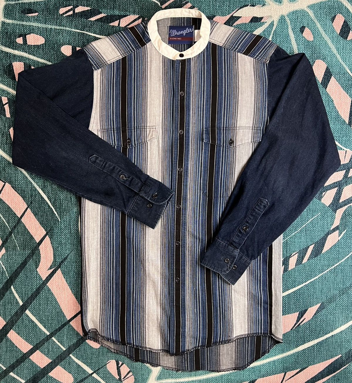 image of Vintage 90’S Wrangler Striped Denim Colorblock Banded Collar in Blue, Men's (Size Medium)