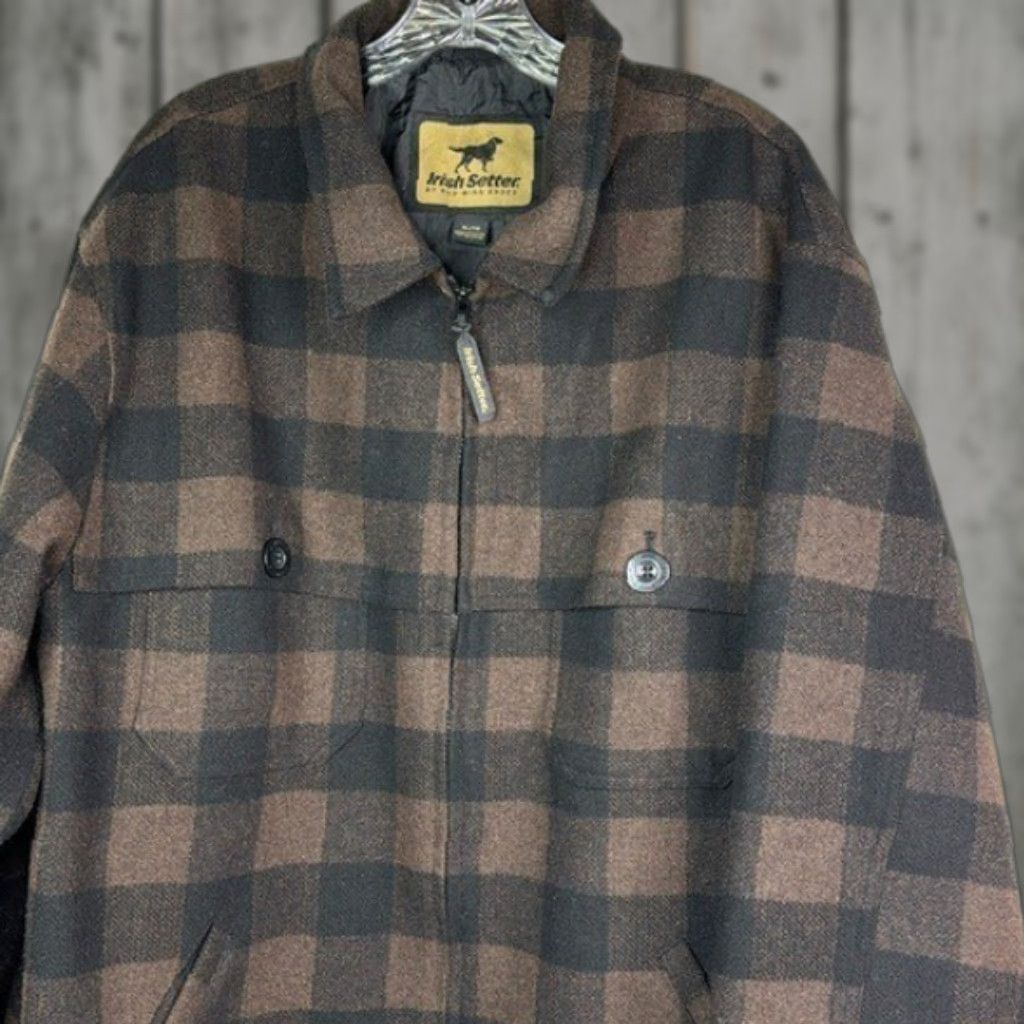 VINTAGE Irish Setter Brown Black Plaid Wool Blend Field Jacket XL Mens Coat Size XL Brown Plaid Wool Blend Irish Setter Jacket Overcoat Vintage