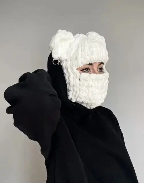 Japanese Brand Dear Balaclava . Knitted ski mask with ears. White face mask Size ONE SIZE - 3 Thumbnail