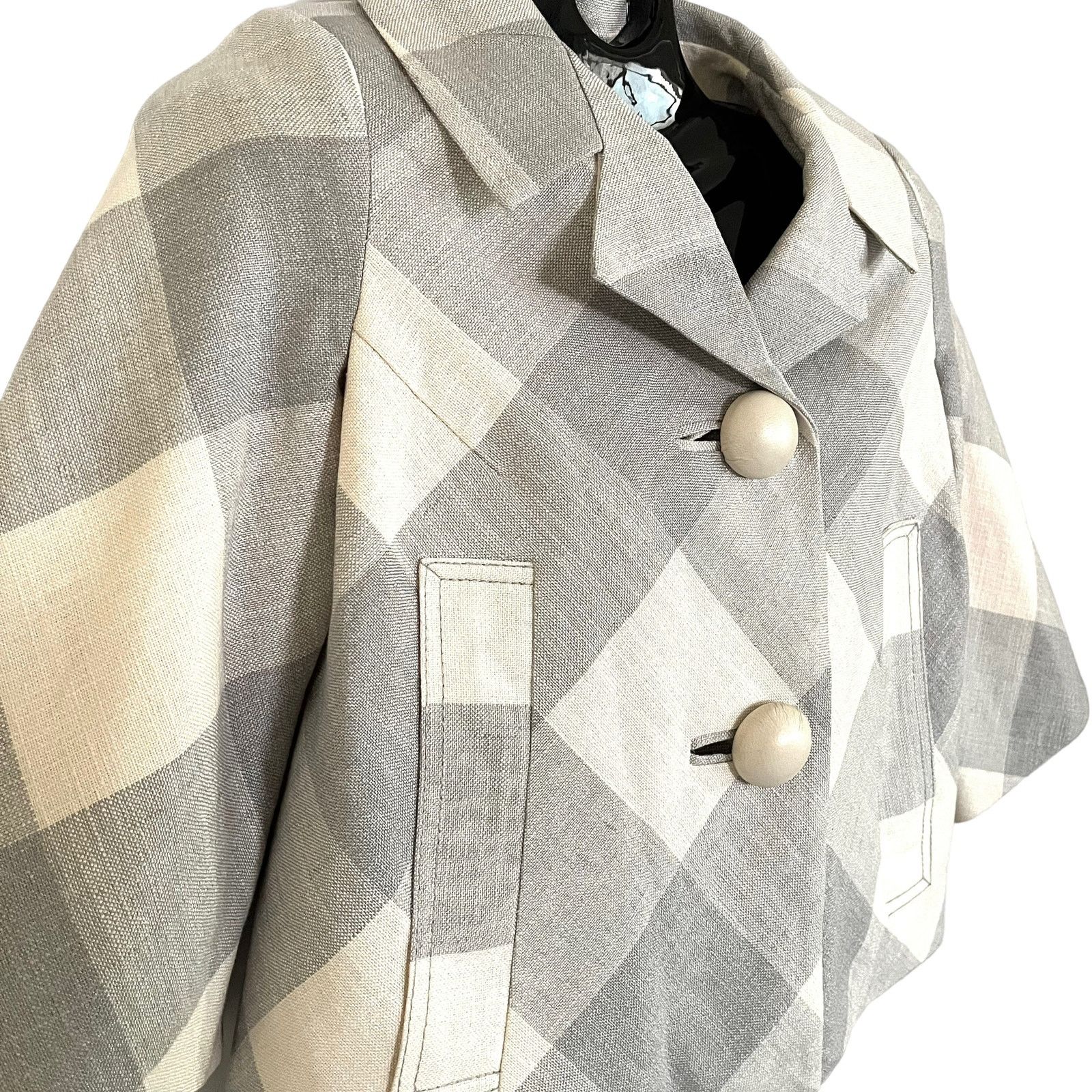 SMYTHE Smythe Light Gray Buffalo Check Cropped Silk Linen Jacket Size S / US 4 / IT 40 - 2 Thumbnail