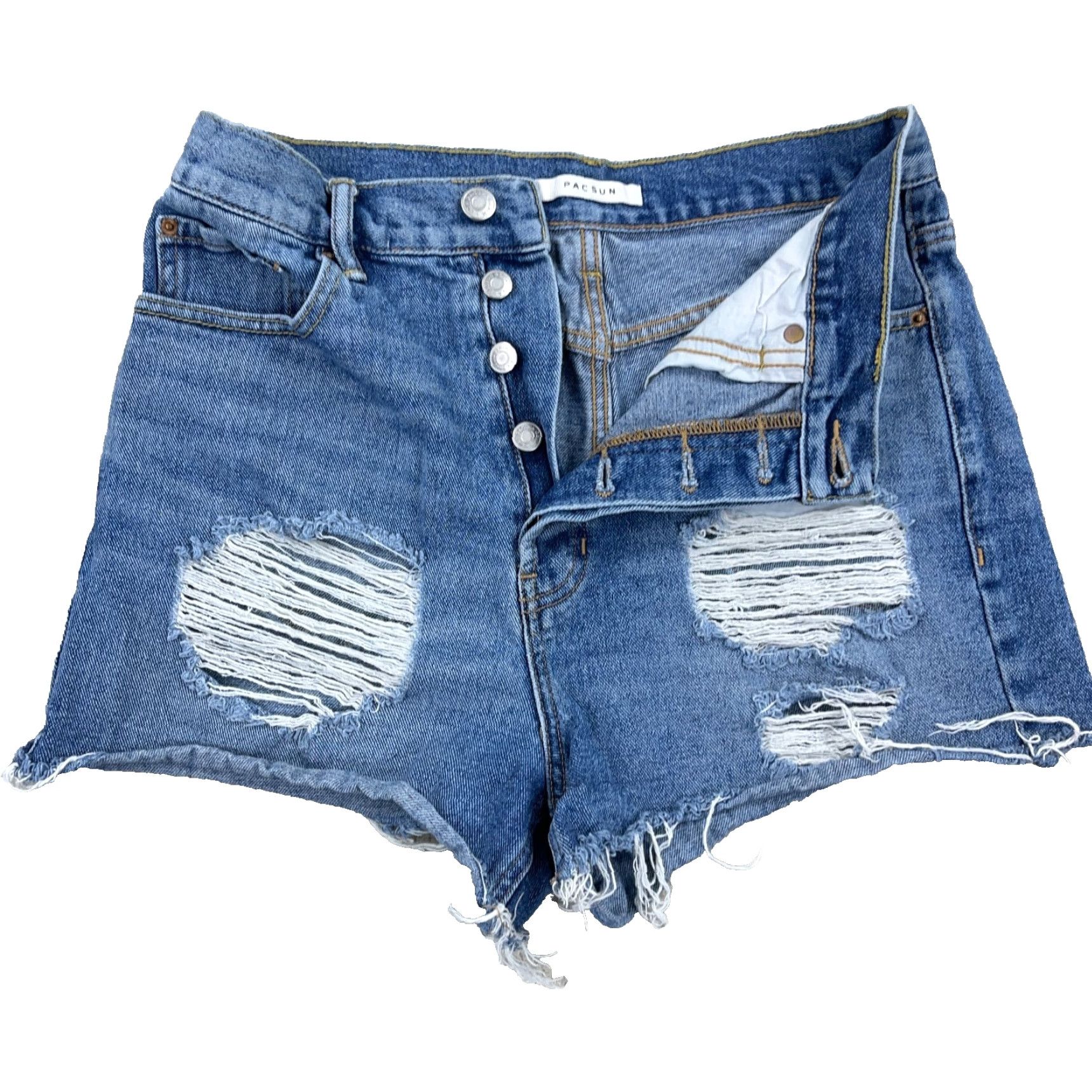 Pacsun Pacsun Shorts Women 28 Ultra High Rise Distressed Jorts Button Fly Denim Blue Size 28" / US 6 / IT 42 - 2 Thumbnail