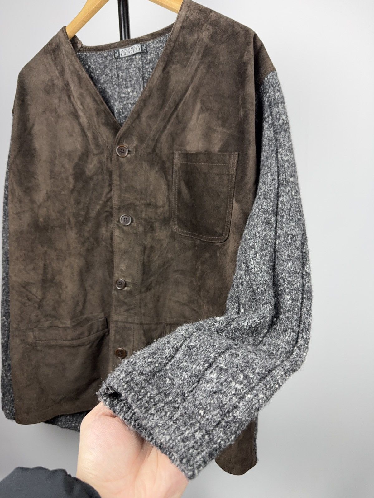 Japanese Brand Luxury 00s Andrea Fenzi Wool Suede Panel Cardigan Italy Size US XL / EU 56 / 4 - 5 Thumbnail