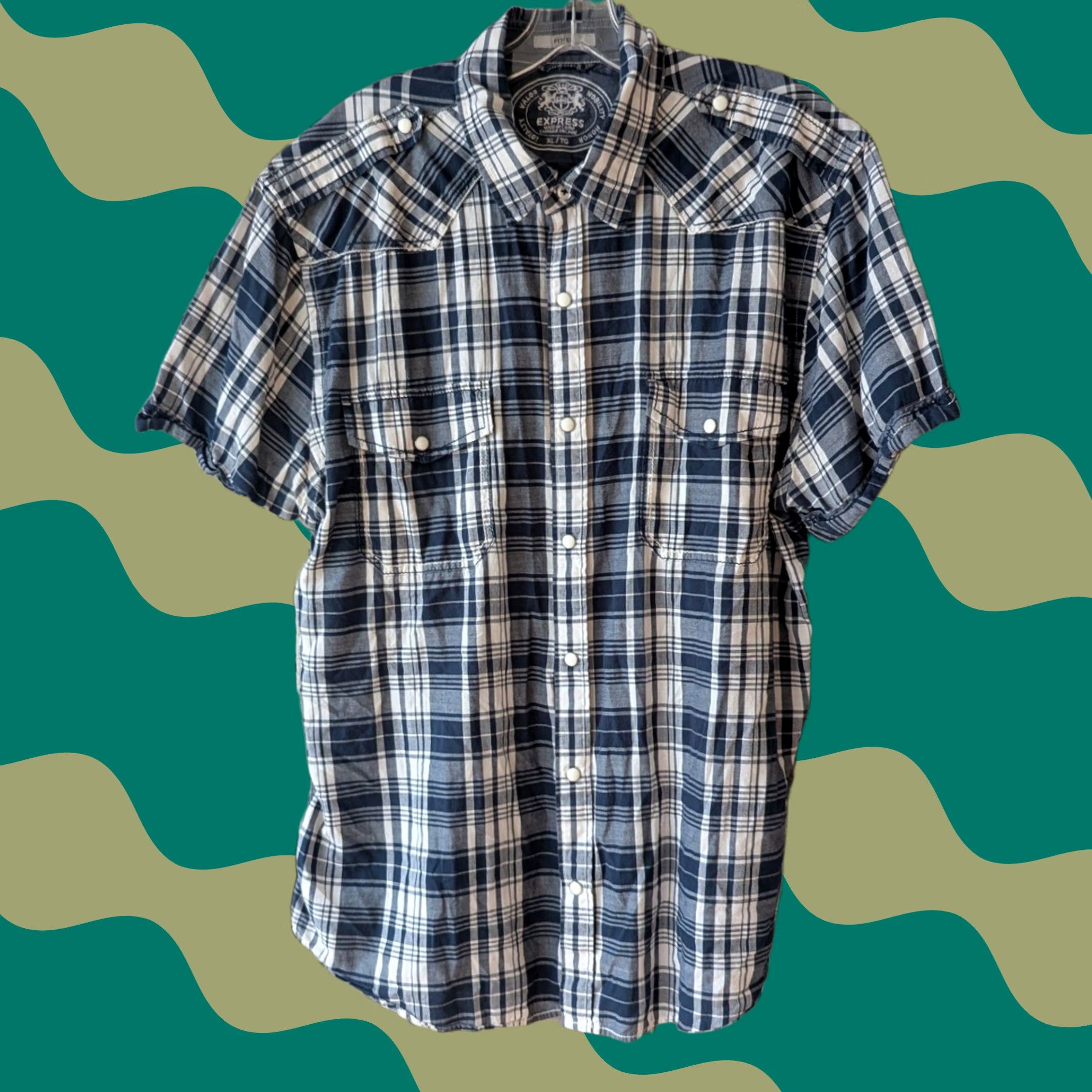 Express VINTAGE Express Short Sleeve Button Up Shirt Navy Blue Plaid Western Snap Mens XL Y2K Size US XL / EU 56 / 4 - 1 Thumbnail
