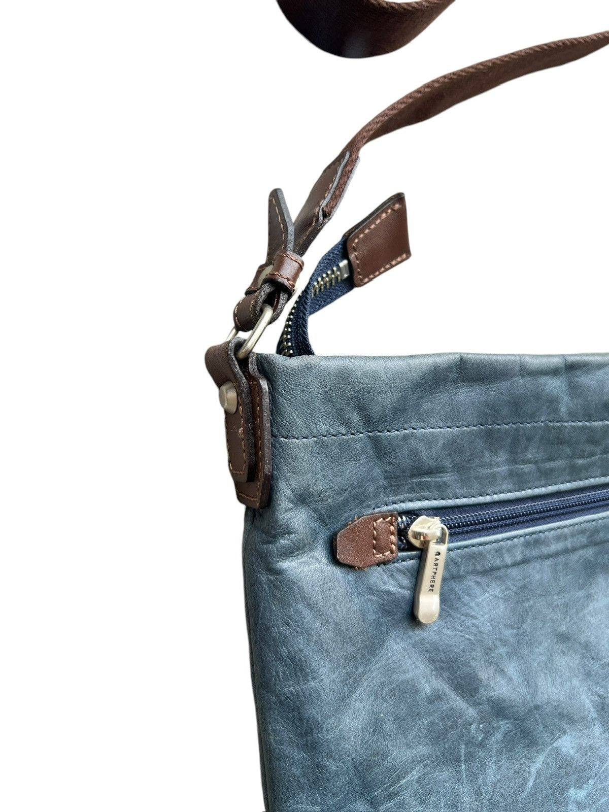 Japanese Brand Artphere Japan Distressed Faded Blue Leather Sling Bag Size ONE SIZE - 6 Thumbnail