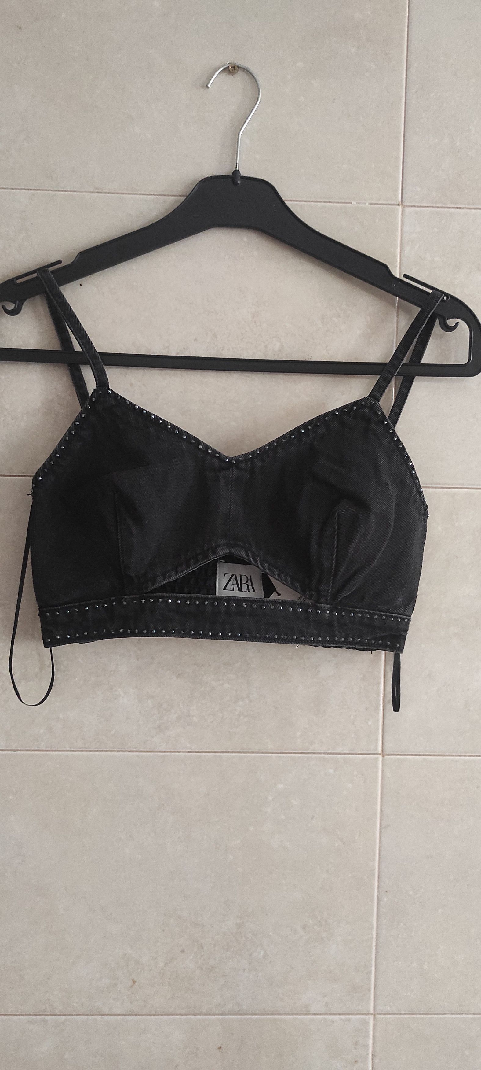 Zara Zara Rhinestone Denim Diamante Crop Top Black Jeans Size S / US 4 / IT 40 - 1 Thumbnail