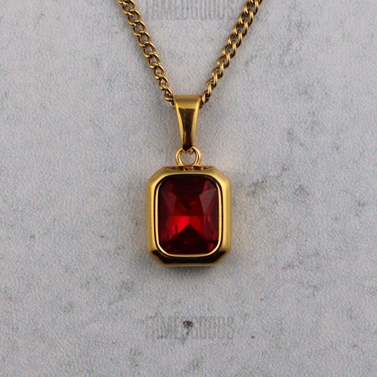 Jewelry Gold Ruby Cubic Zirconia Pendant Chain Necklace Size ONE SIZE - 1 Thumbnail