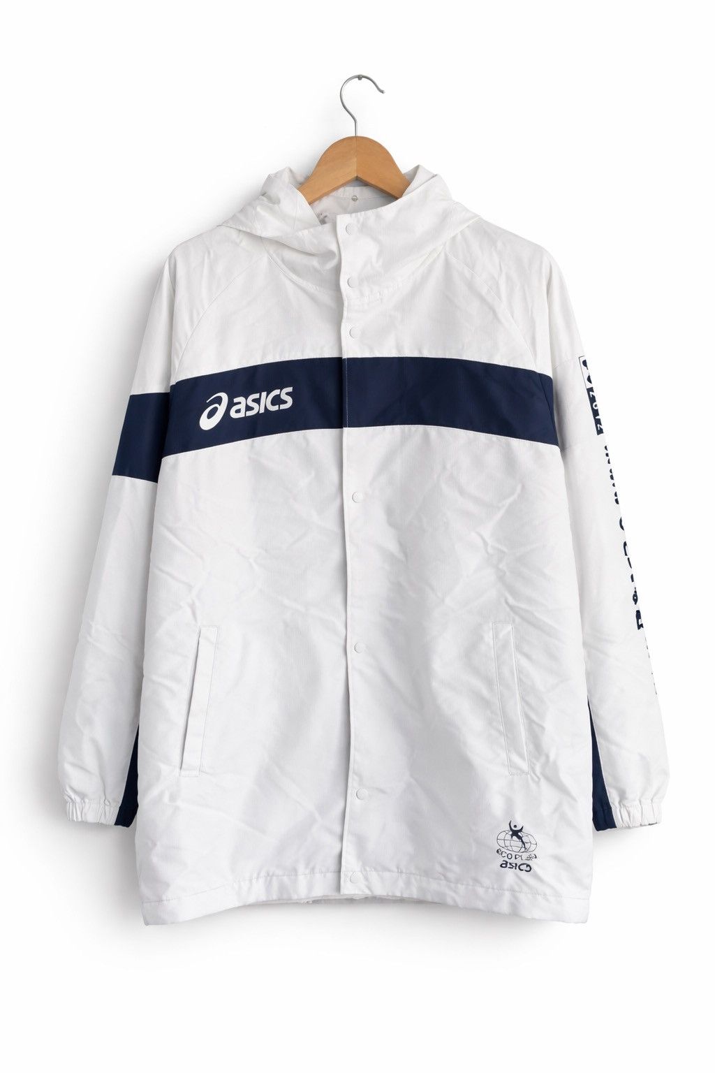 Asics Vintage ASICS Official Hooded Windbreaker Jacket White Navy Size US L / EU 52-54 / 3 - 1 Thumbnail