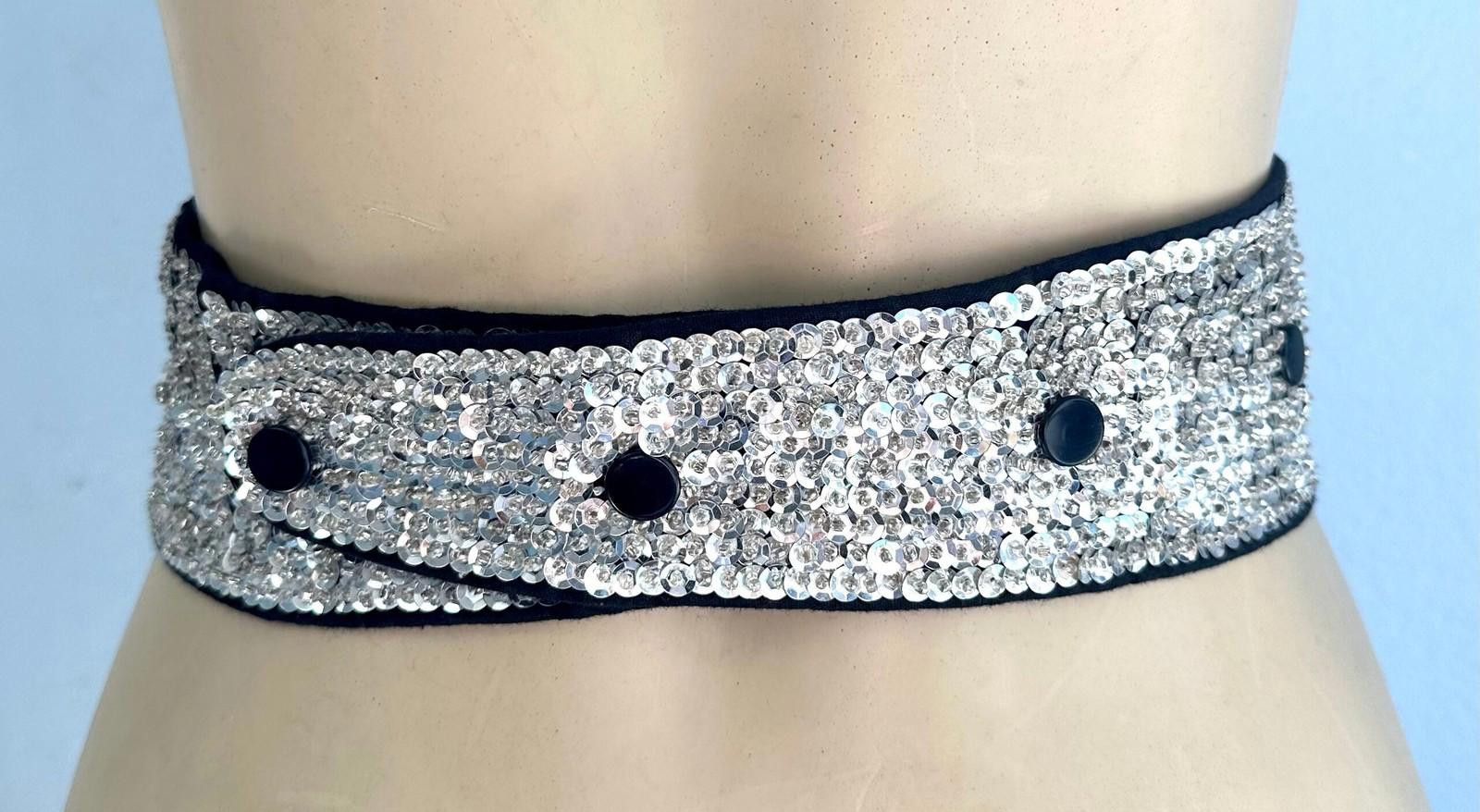 Designer Sequin Cummerbund Fashion Belt Silver Size ONE SIZE - 2 Thumbnail