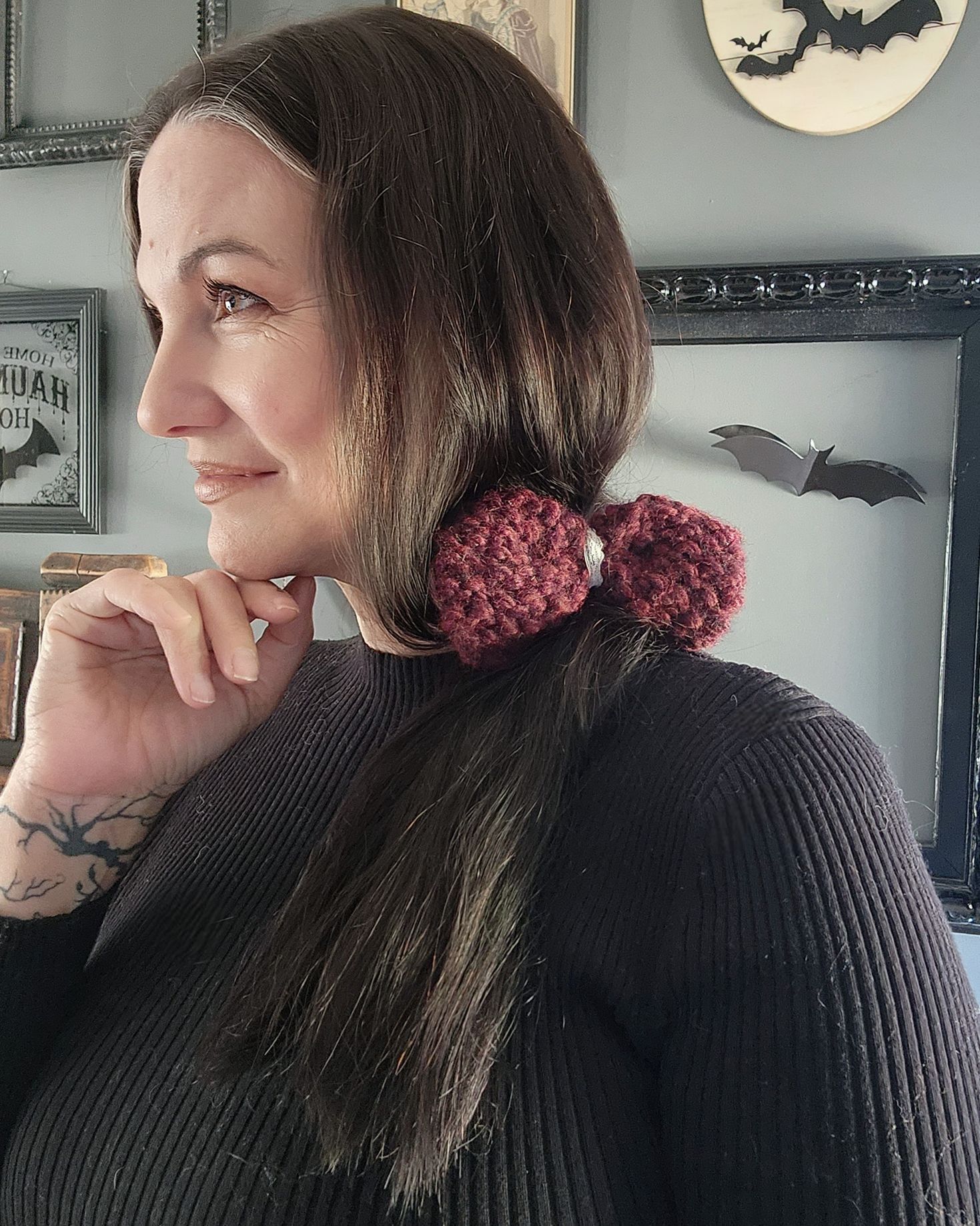 Handmade Knit Hair Bow, Handknitted Burgundy Ponytail Holder or Hair Size ONE SIZE - 3 Thumbnail