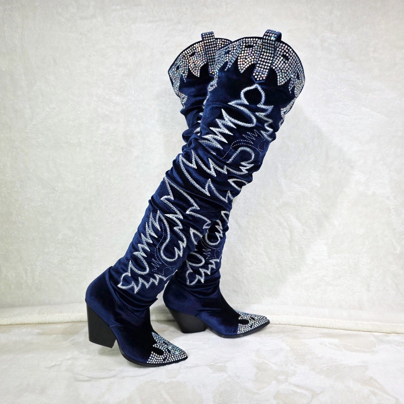 Other Delish Blue Velvet Western Slouch OTK Thigh High Cowboy Boot Size US 6.5 / IT 36.5 - 4 Thumbnail