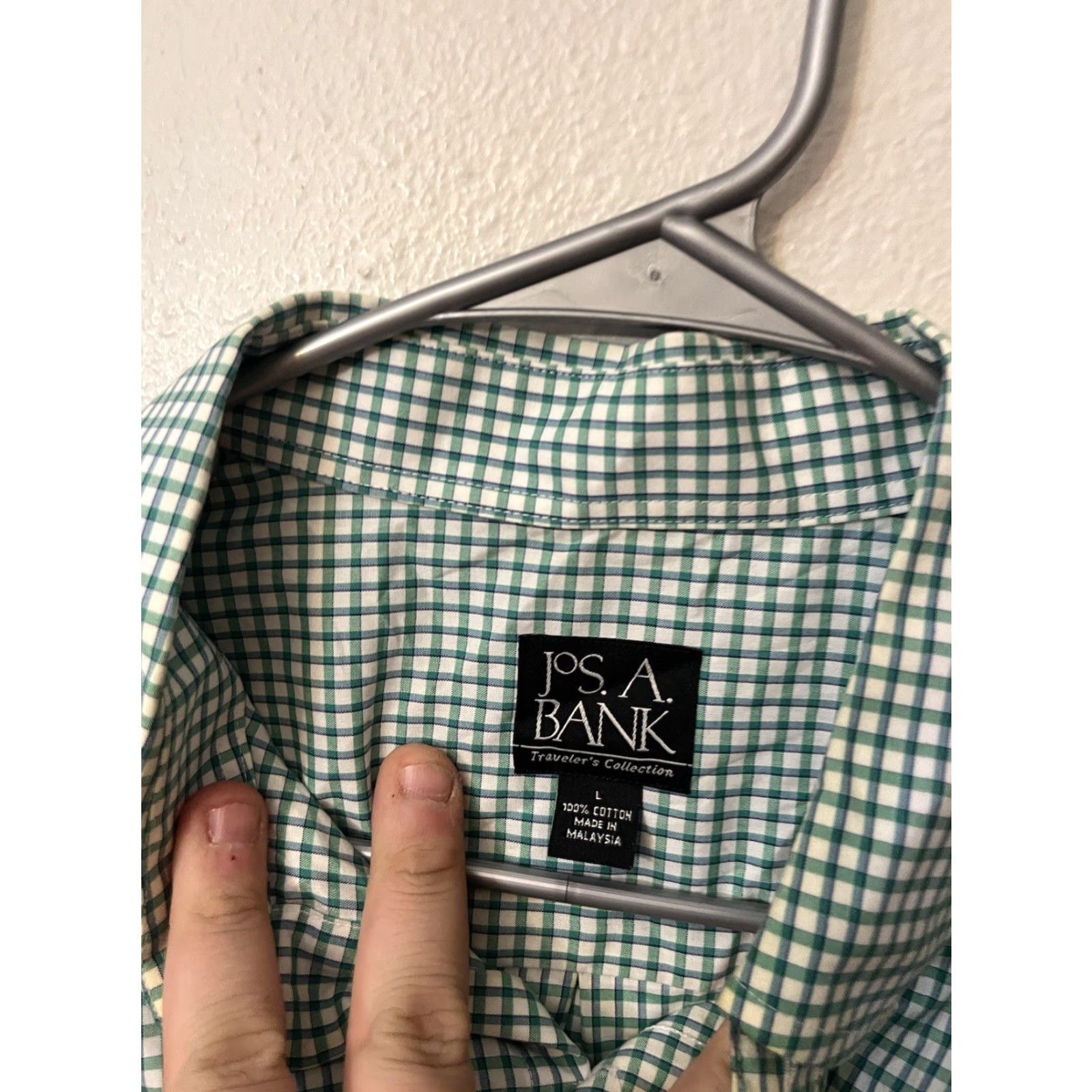Jos. A. Bank Jos A Bank Men's Button-Up Shirt L Green Gingham Short Sleeve Travel Workwear Plaid Cotton Collar Pocket Regular Size US L / EU 52-54 / 3 - 2 Thumbnail