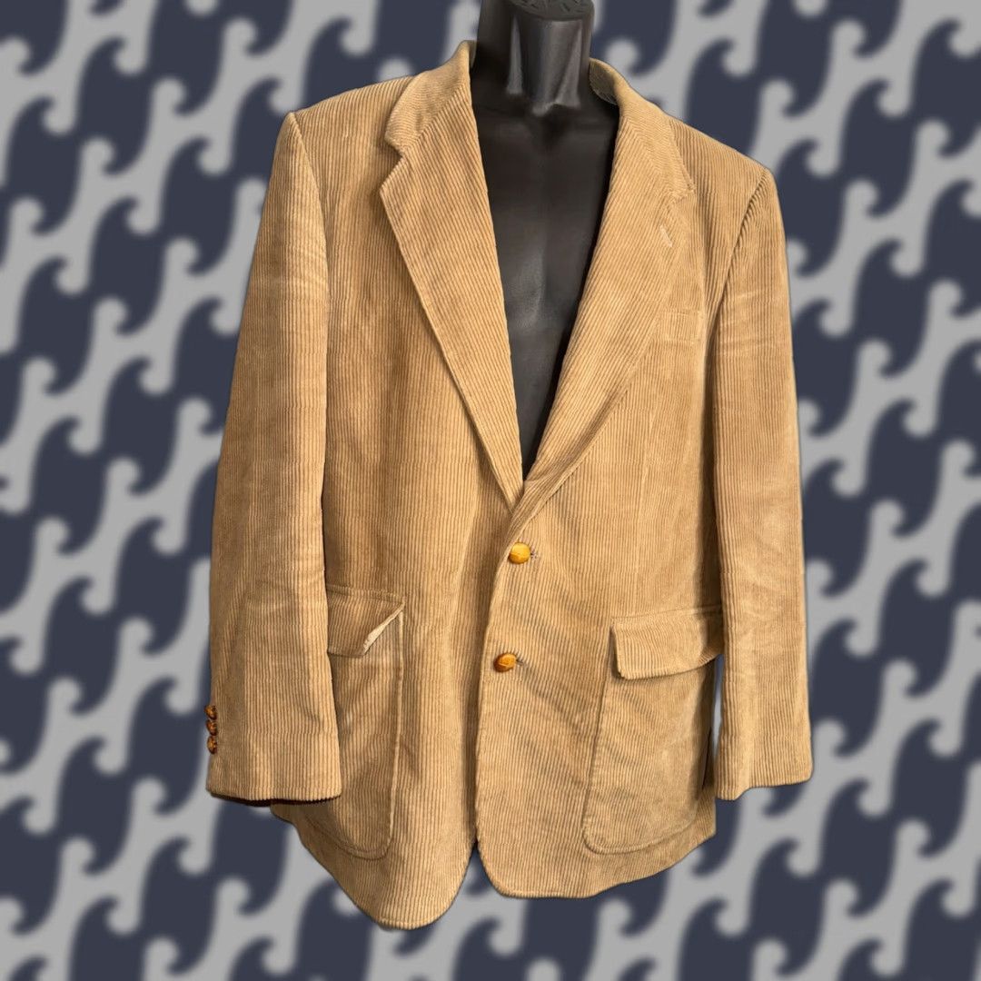 Vintage VINTAGE Blazer Jacket Men Corduroy Tan 44R Blazer Notch Lapel 2-Button Single-Breasted 80s Preppy College Sports Coat Blazer Mens Size 44R - 1 Thumbnail