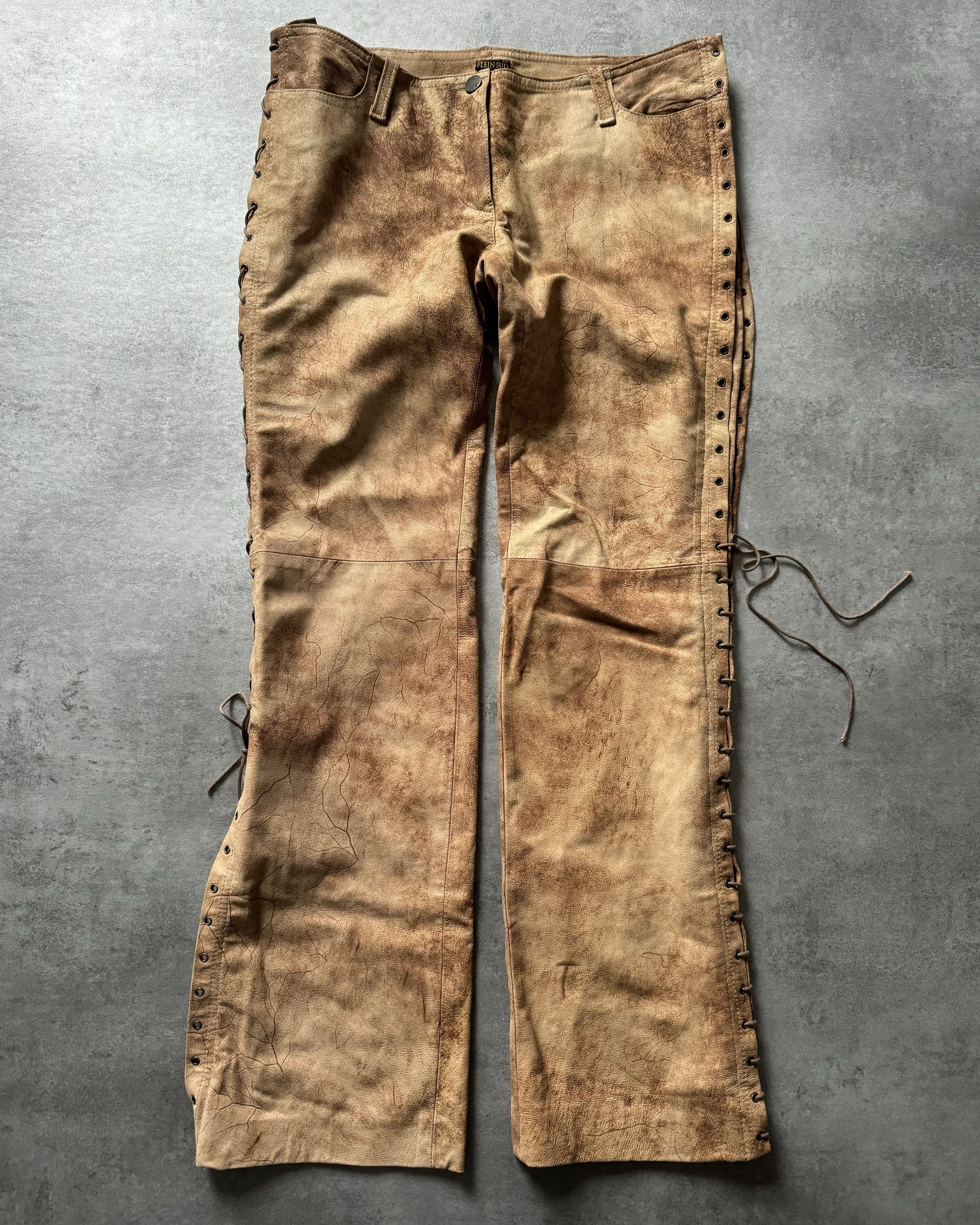 image of Archival Clothing x Plein Sud 2000S Plein Sud Artisanal Marble Leather Pants in Brown, Women's (Siz