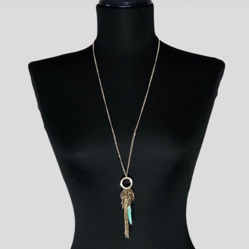 Vintage Charm Necklace & Stud Earrings Jewelry Set Gold Turquoise Size ONE SIZE - 2 Thumbnail
