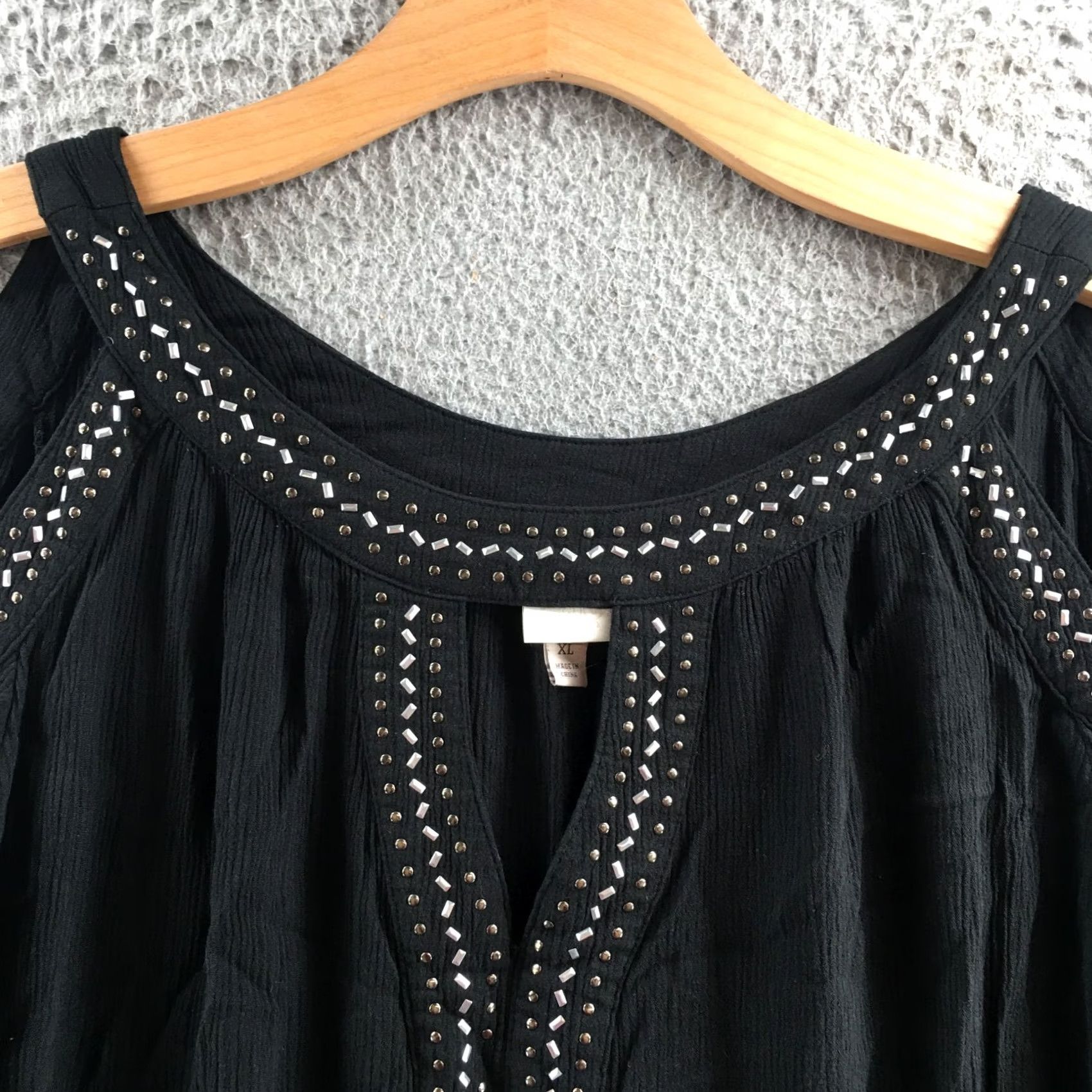 Vintage Knox Rose Blouse Womens XL Solid Black Cold Shoulder Studded 3/4 Sleeve Top Size XL / US 12-14 / IT 48-50 - 3 Thumbnail