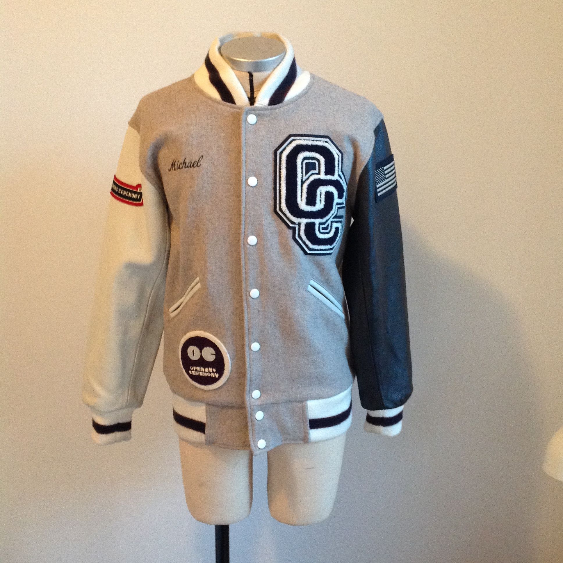 image of Opening Ceremony Varsity Jacket Mens in Grey Navy White (Size Medium)