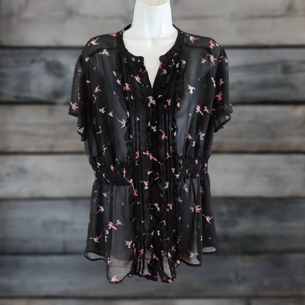 Torrid Torrid Womens Button Front Top Sz 2 Black Pink Hummingbird Print Semi Sheer Blouse Short Sleeve Plus Size Size XXL / US 16-18 / IT 52-54 - 1 Thumbnail