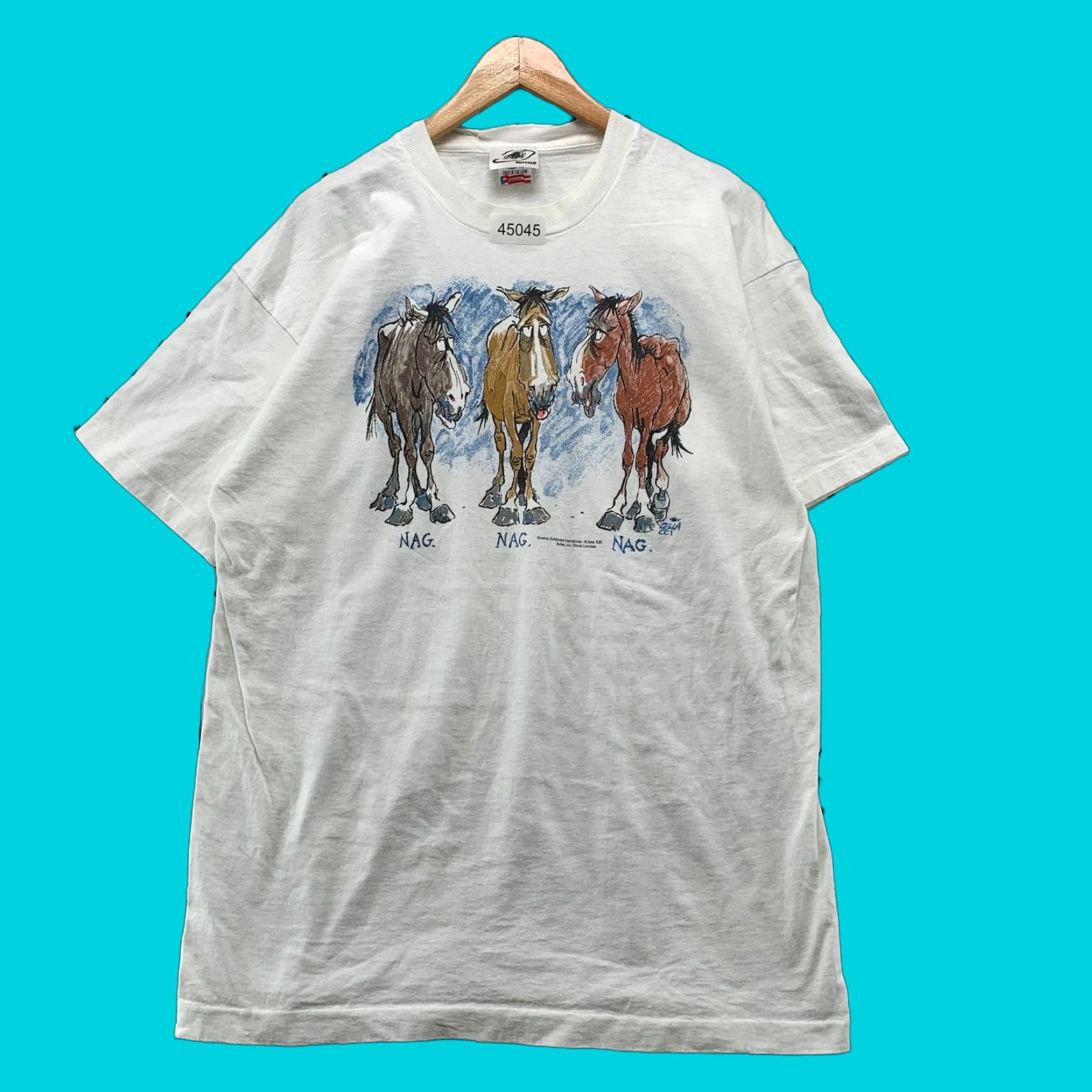 Doublet VINTAGE Buffalo T-Shirt Mens XL White Double-Sided Horse 90s NAG Single Stitch Made USA Shoes? Size US XL / EU 56 / 4 - 1 Thumbnail