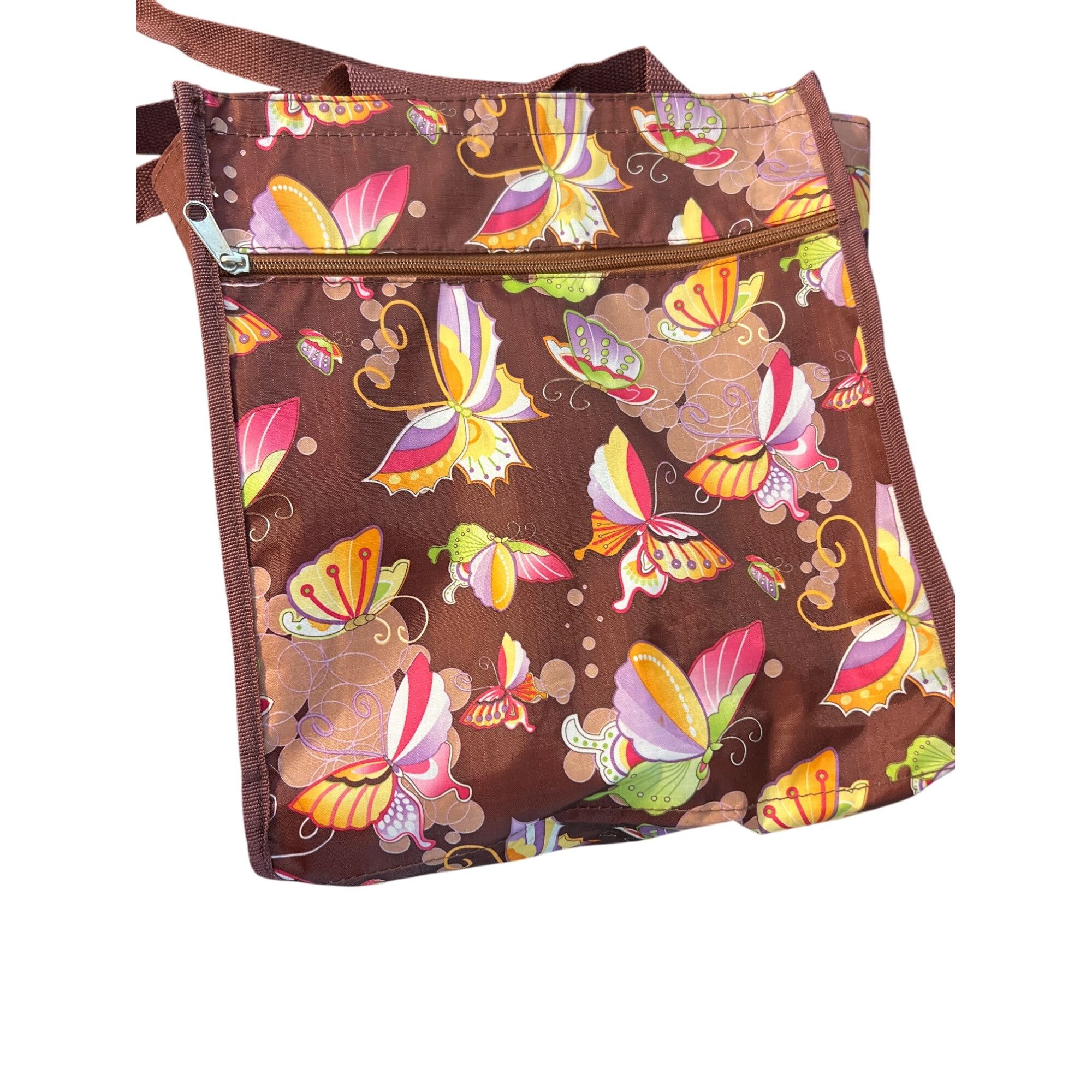 Other Butterfly Print Brown Tote Bag Zip Top Easy Wipe Clean Lunch Size ONE SIZE - 4 Thumbnail