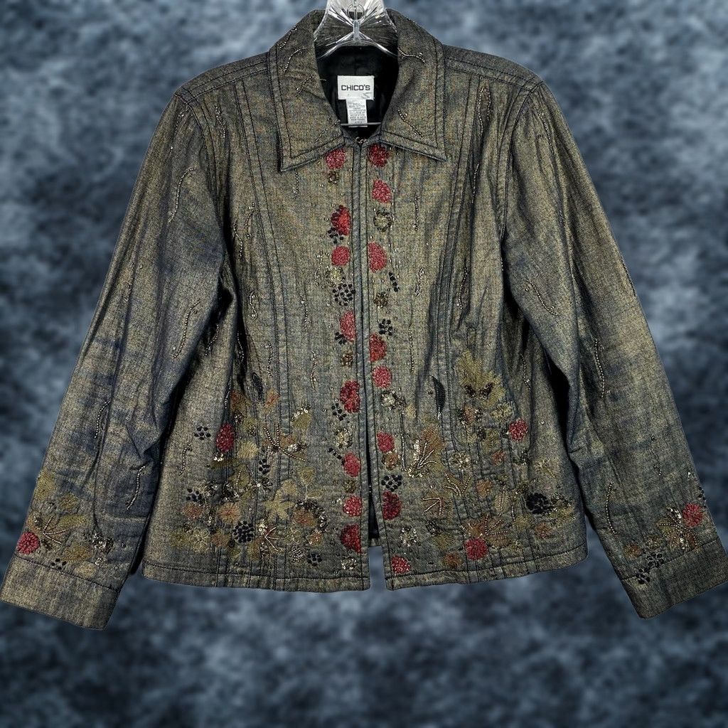 Vintage Chico's Womens Jacket S Blue Floral Embroidered Beaded Lined Boho Casual Cotton Short Sleeve Jacket Womens Size S / US 4 / IT 40 - 1 Thumbnail