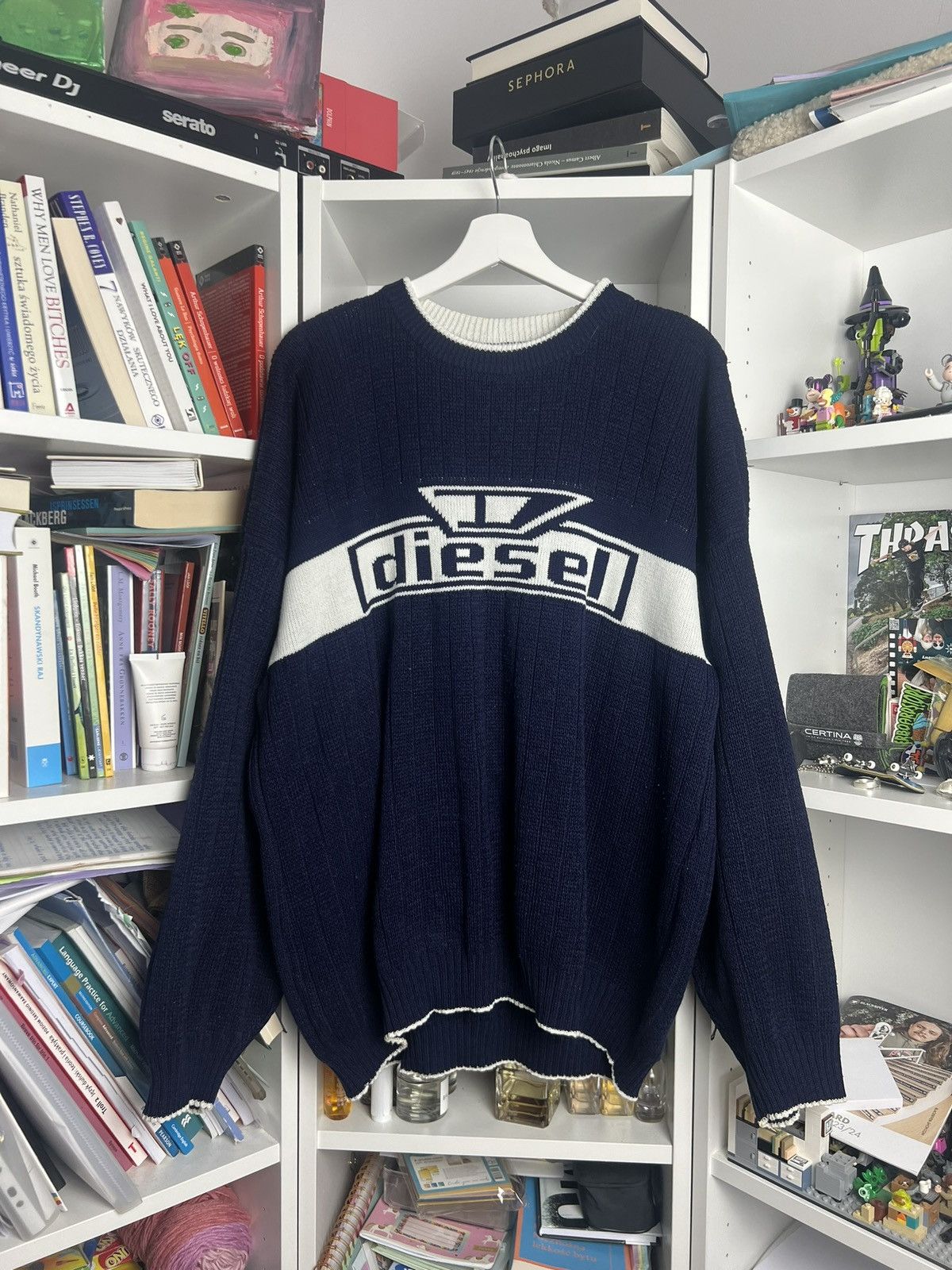 Image of Avant Garde x Diesel Vintage Y2K Diesel Big Logo Sweater Avantgarde Knit 90's in Navy (Size 2XL)