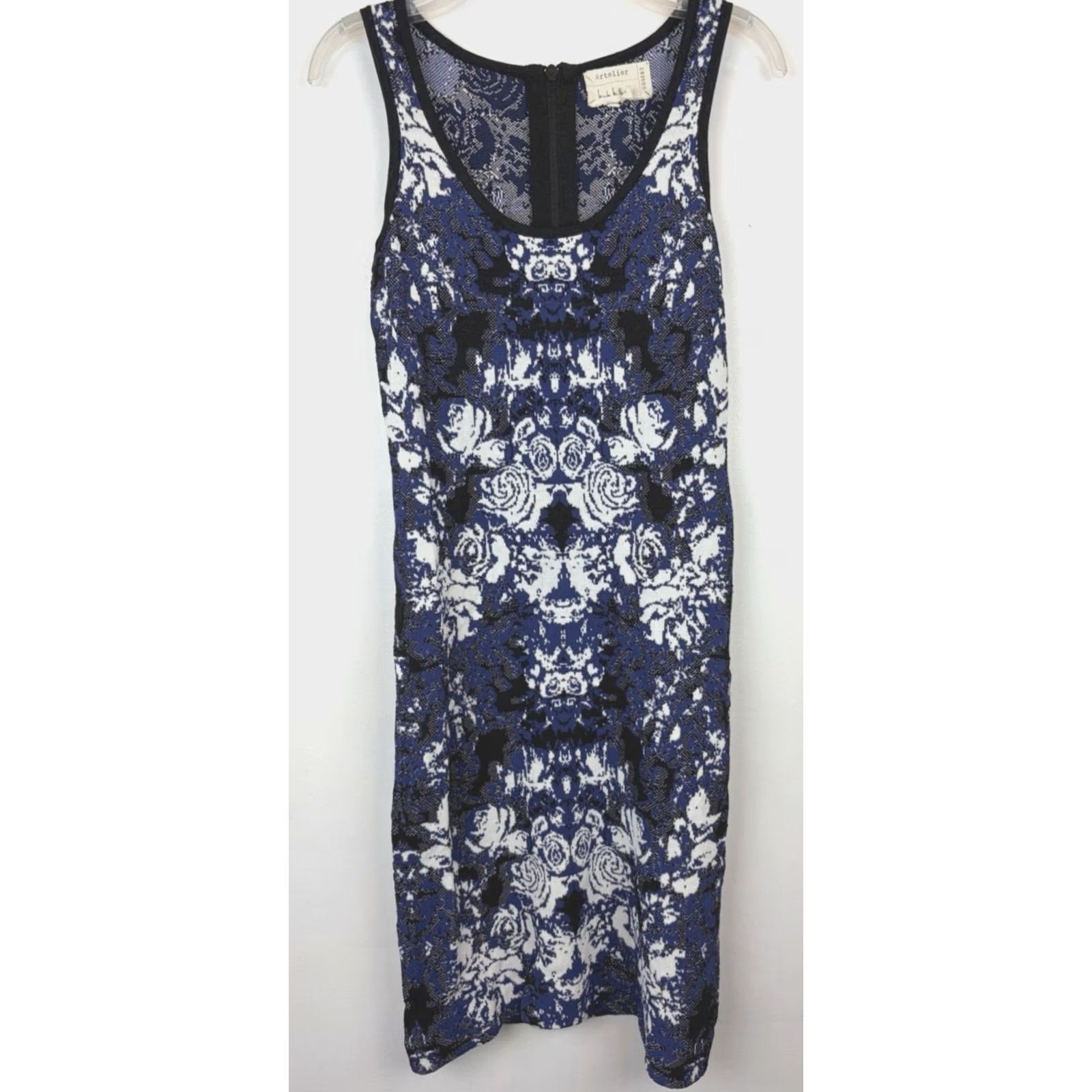 Nicole Miller Nicole Miller Blue Floral Knit Dress Womens Small Fitted Stretchy Cap Sleeve V-Neck Zip Ruched Size S / US 4 / IT 40 - 2 Thumbnail