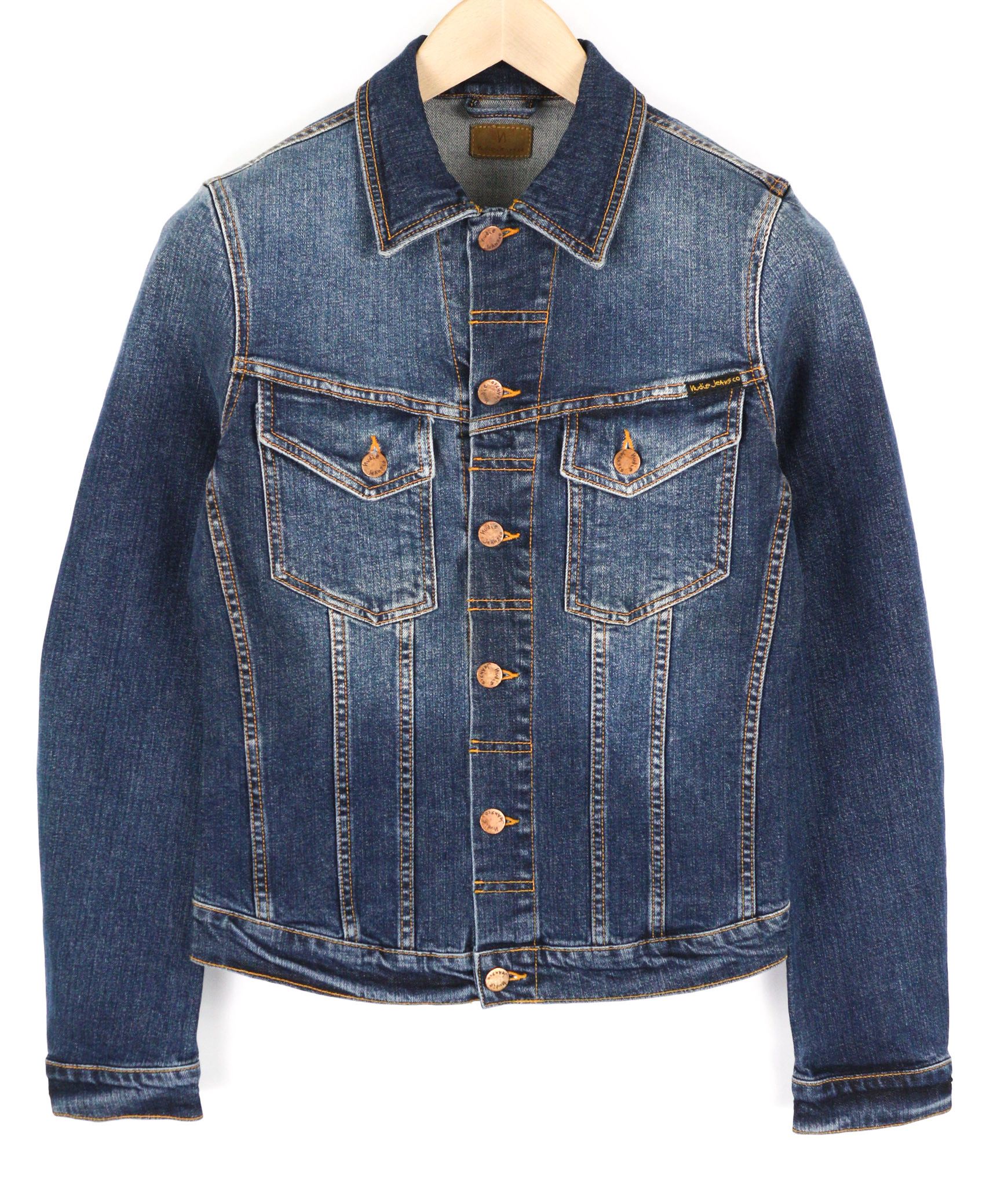 Nudie Jeans PERRY XS Excellent Blue Washed Logo Denim Jacket 81952 Size US XS / EU 42 / 0 - 1 Thumbnail