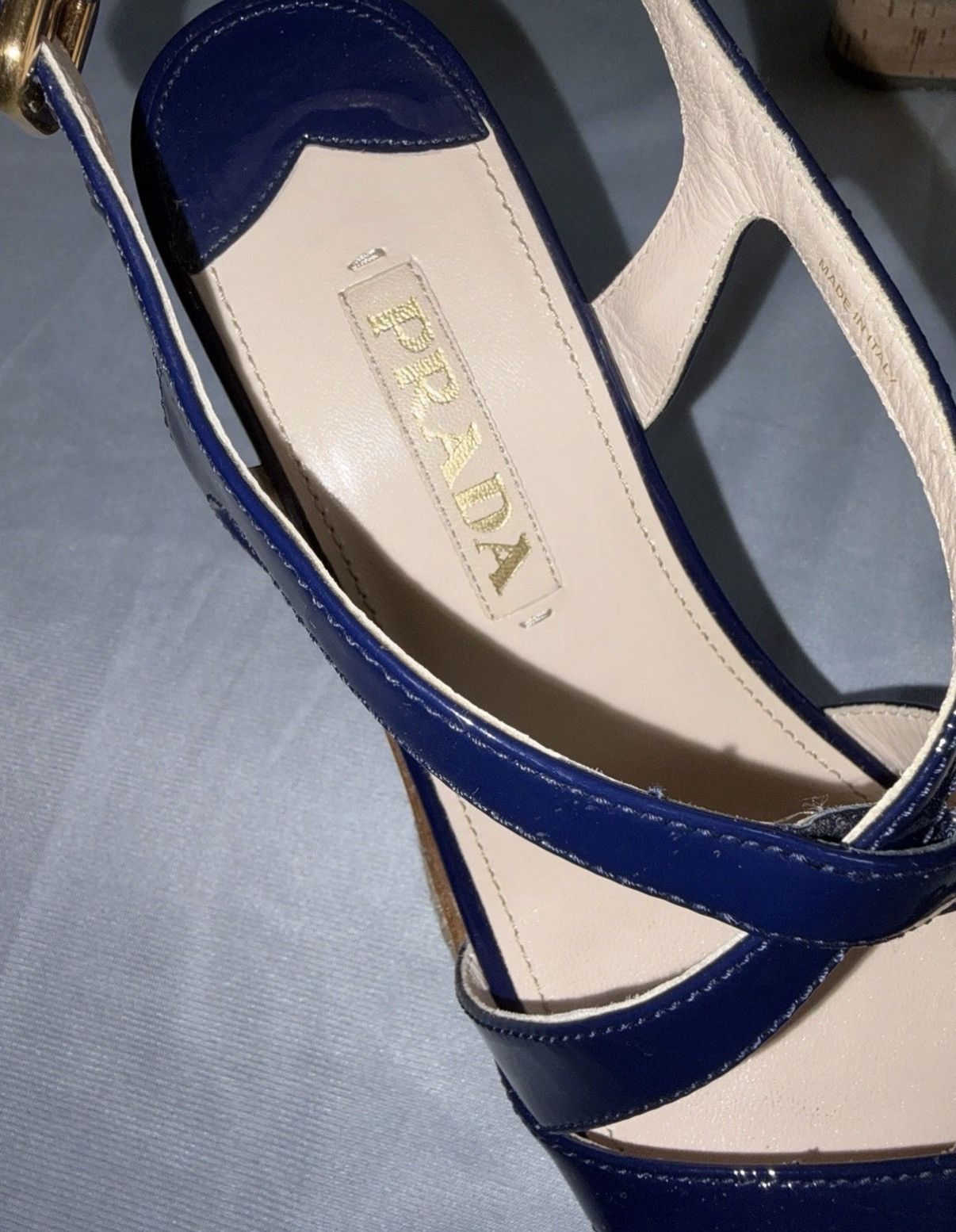 Prada Prada Navy White Stripes Patent Leather Wedge Sandals 38eu Size US 8 / IT 38 - 8 Thumbnail