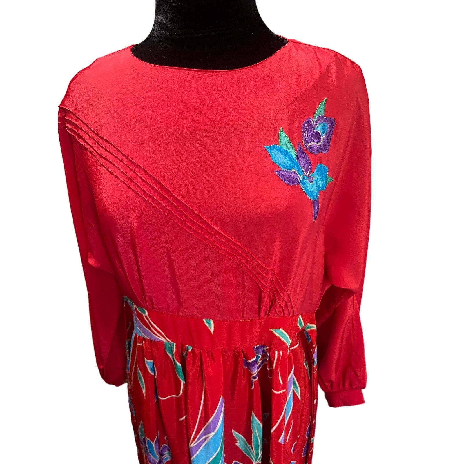 Vintage 1970s Red Blue Floral Maxi Dress Medium Large Boho Hippie Size L / US 10 / IT 46 - 4 Thumbnail