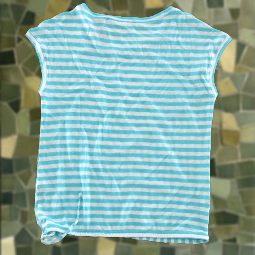 Vintage Chico's Blouse Blue Aqua Breeze White Stripe Cece Spliced Short Sleeve NWT 0/S Small Size S / US 4 / IT 40 - 1 Thumbnail