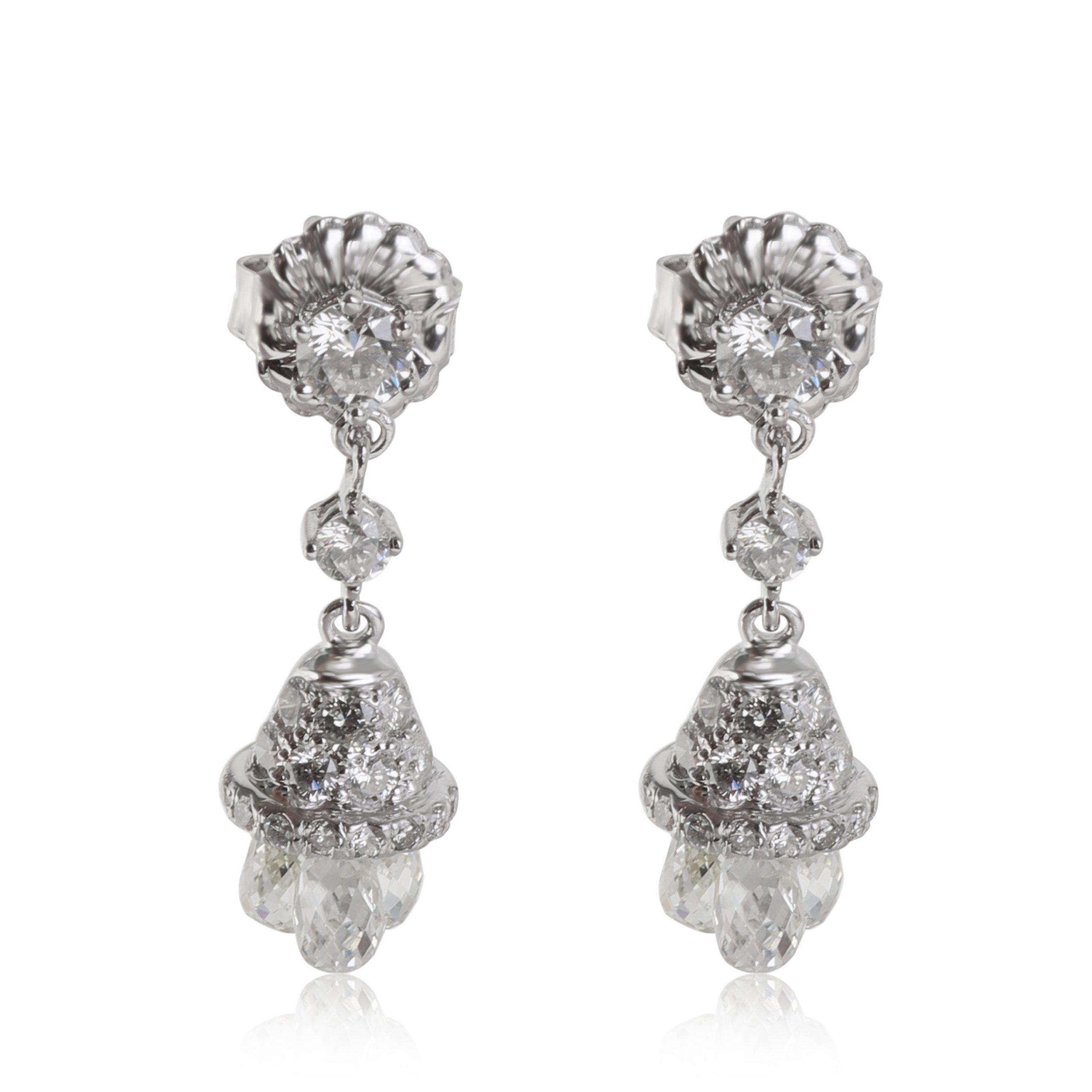 image of Diamond Bell Drop Earrings With Briolette Diamond Drops In18K White Gold 2 Ctw, Women's