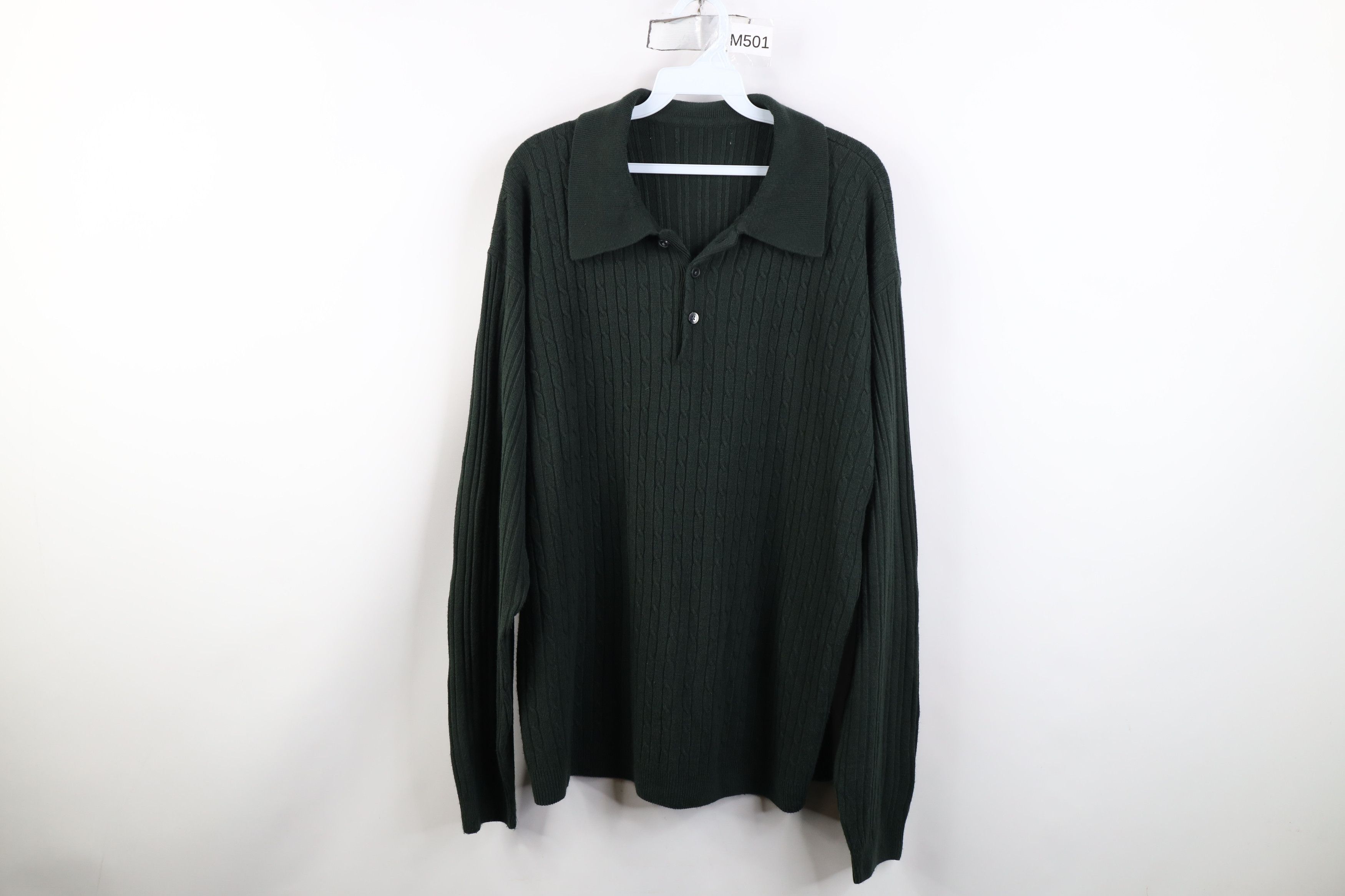 Vintage Vintage 90s Streetwear Cable Knit Collared Sweater Green Size US XL / EU 56 / 4 - 1 Thumbnail