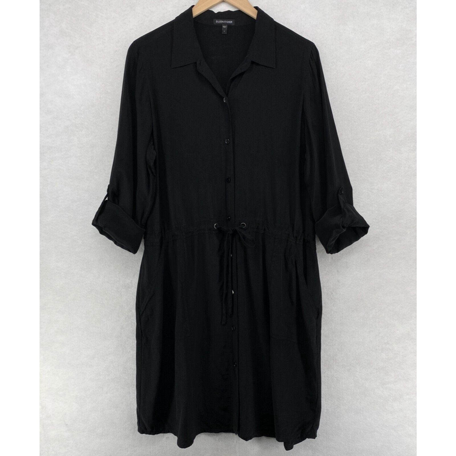 image of Eileen Fisher Dress Large Silk Georgette Button Up Cinch Roll Tab Sleeve Black in White, Women's
