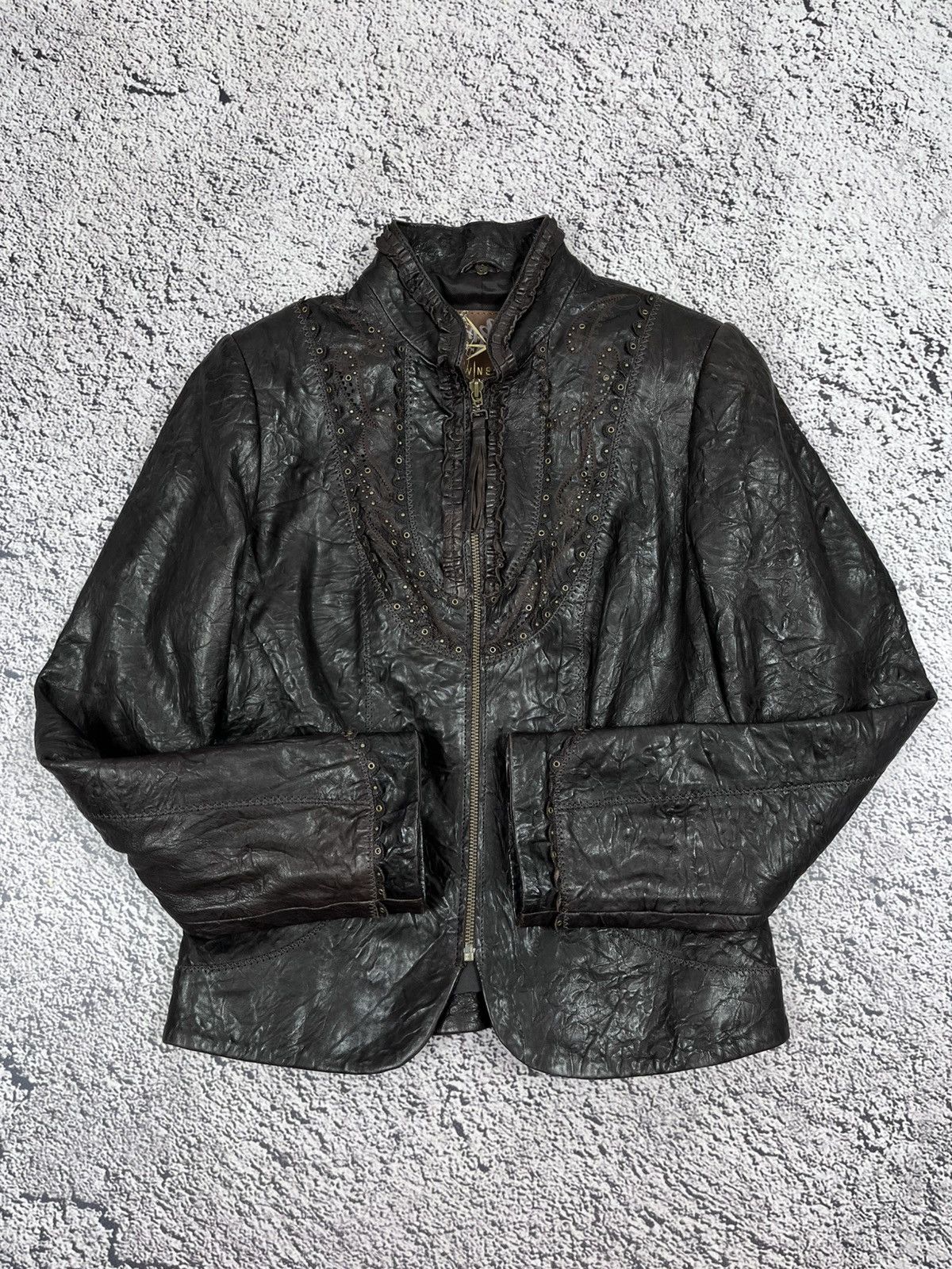 Leather Vintage Distressed Crinkled Leather Jacket Studded Y2K Size XS / US 0-2 / IT 36-38 - 2 Thumbnail