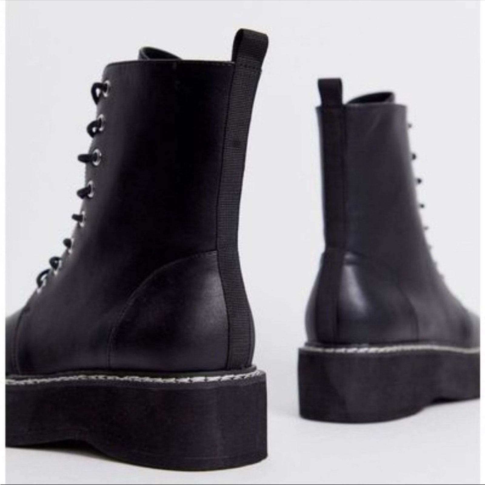 Asos ASOS Black Lug Platform Heel Lace Up Moto Combat Ankle Boots Size US 9 / IT 39 - 2 Thumbnail